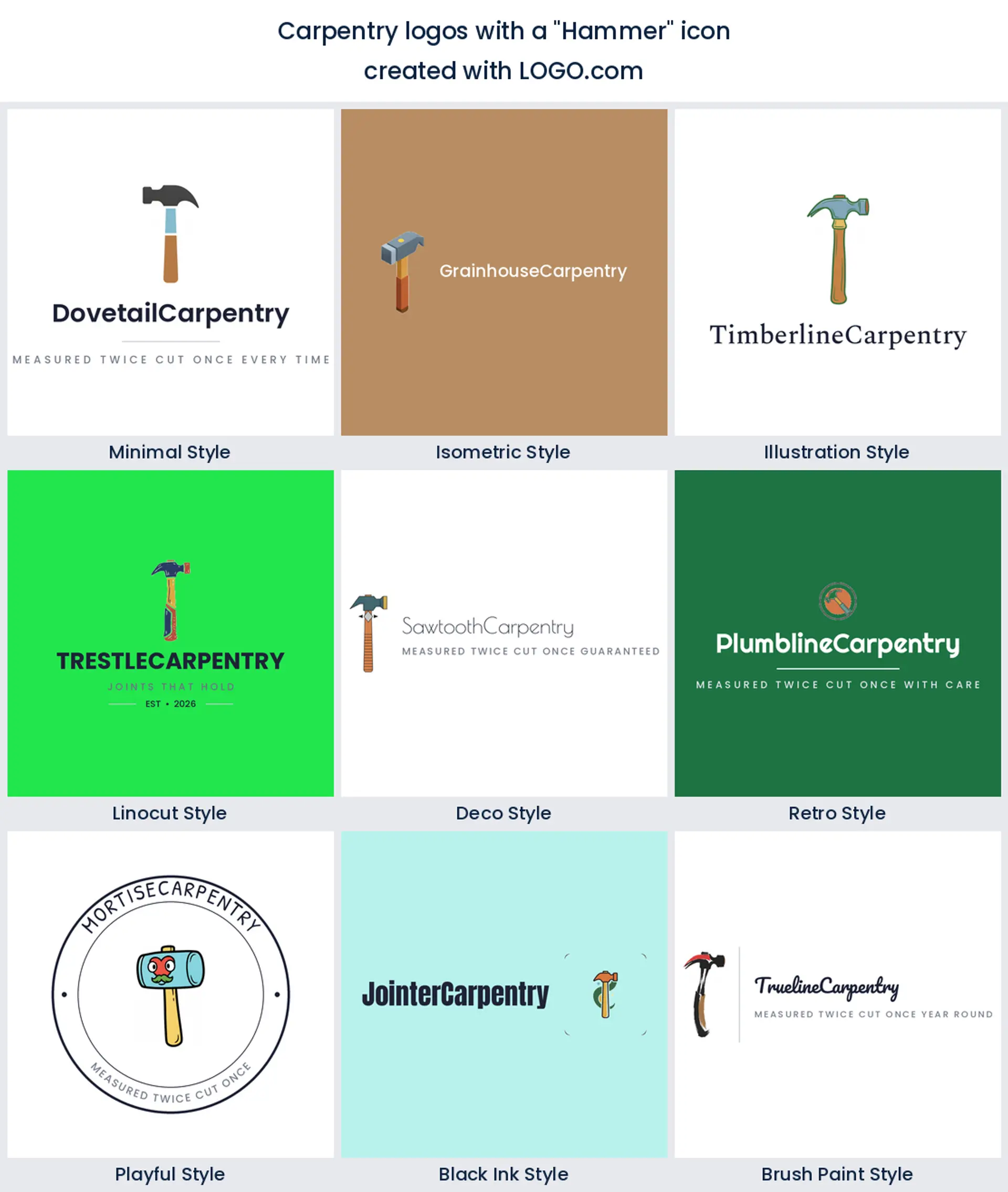 Hammer carpentry logo shown across nine LOGO.com styles