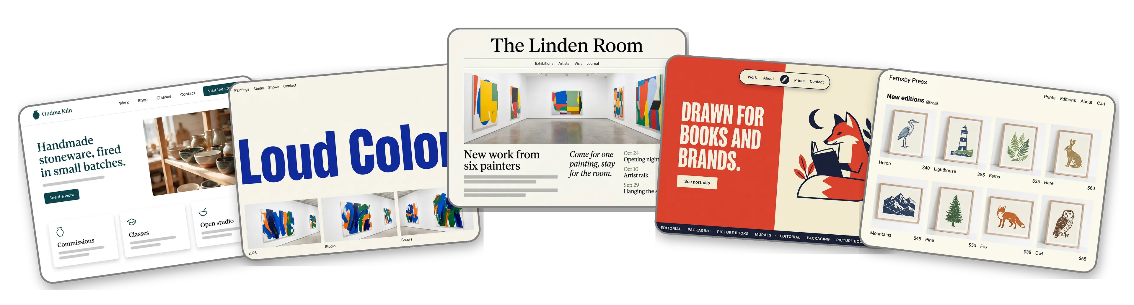 Five artist websites built with LOGO.com from a logo upload: a ceramic studio, an abstract painter, a contemporary art gallery, a freelance illustrator and a printmaker's online print shop