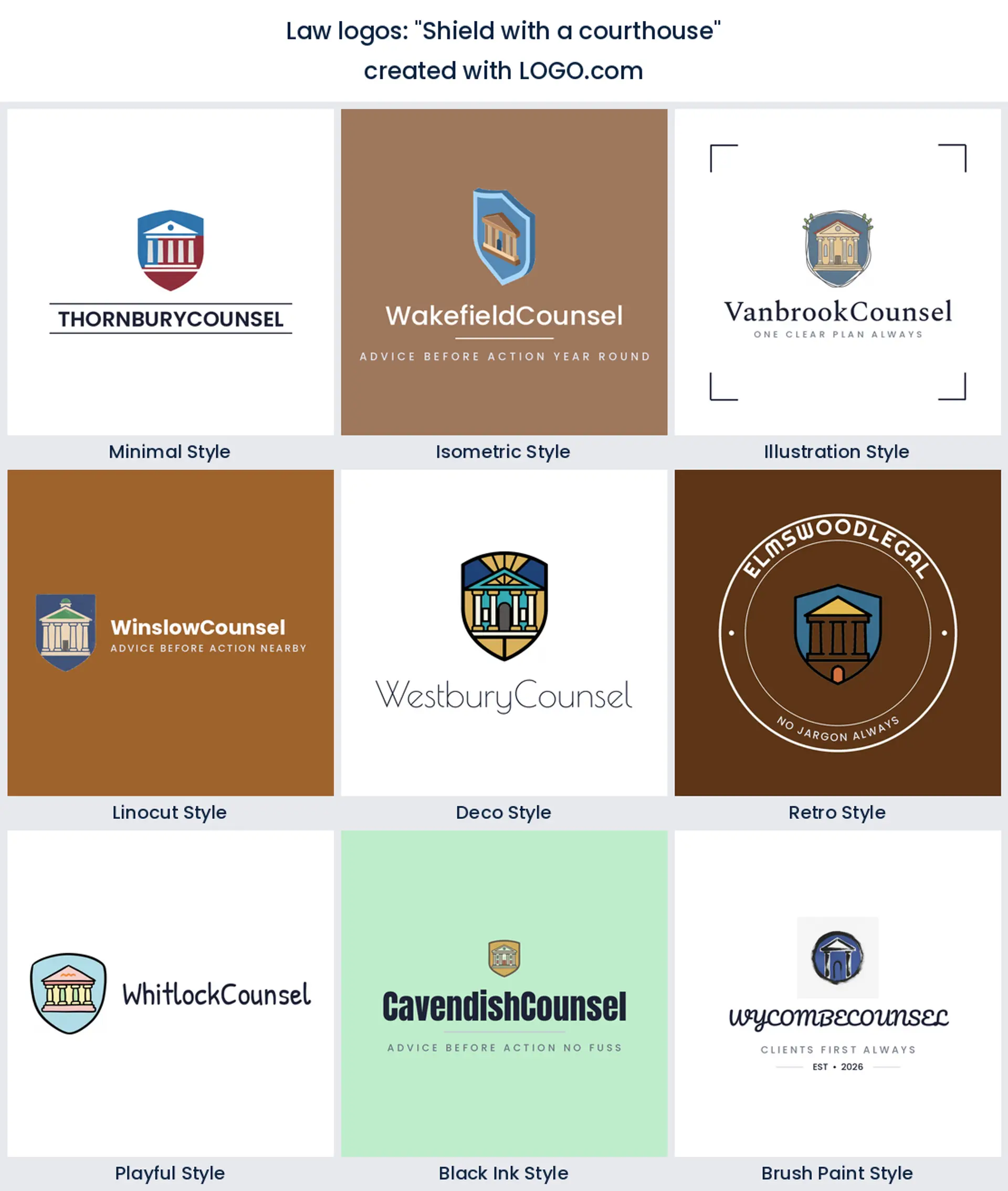 A courthouse inside a shield drawn across nine logo styles