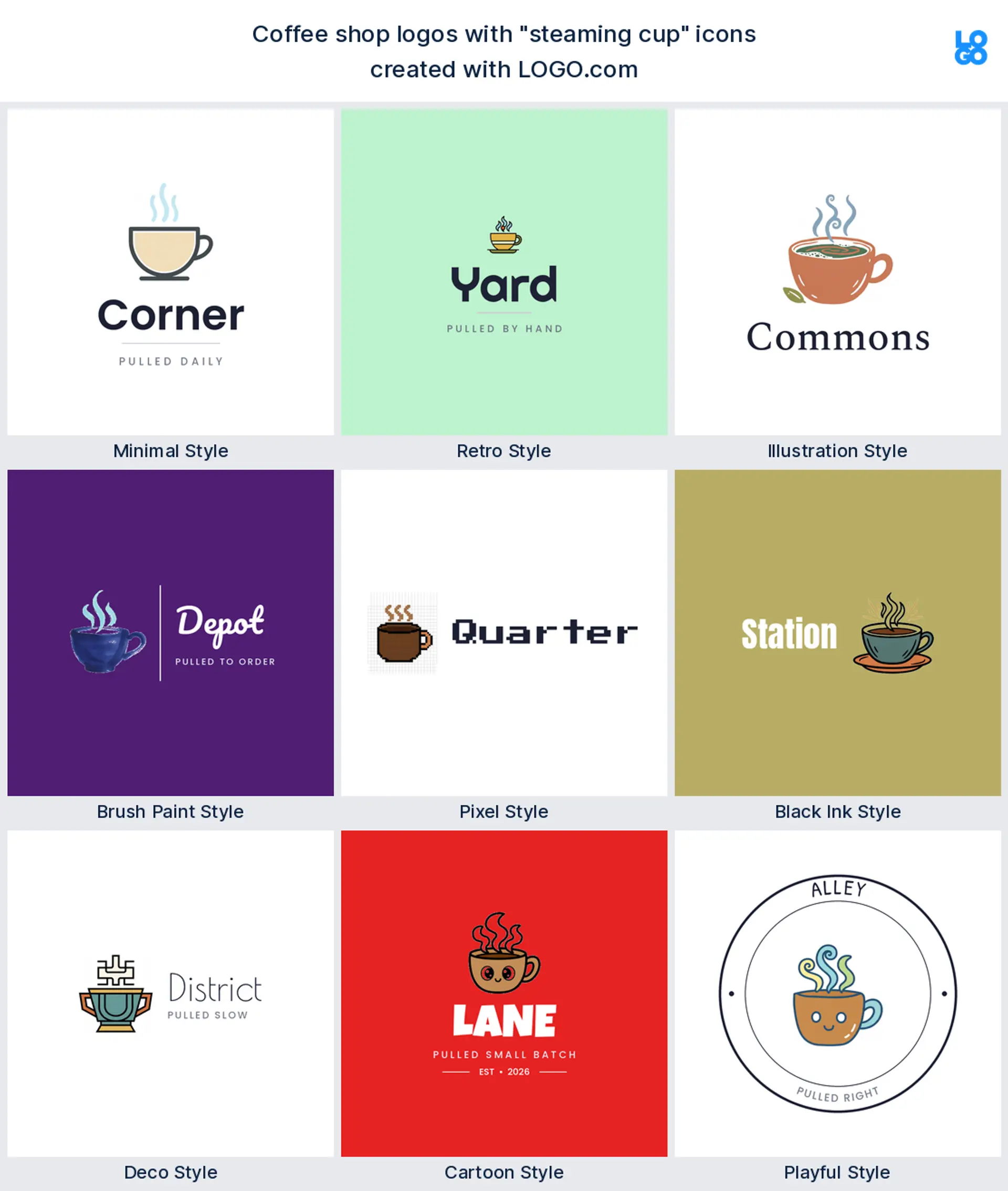 Steaming cup coffee logo shown in nine LOGO.com styles
