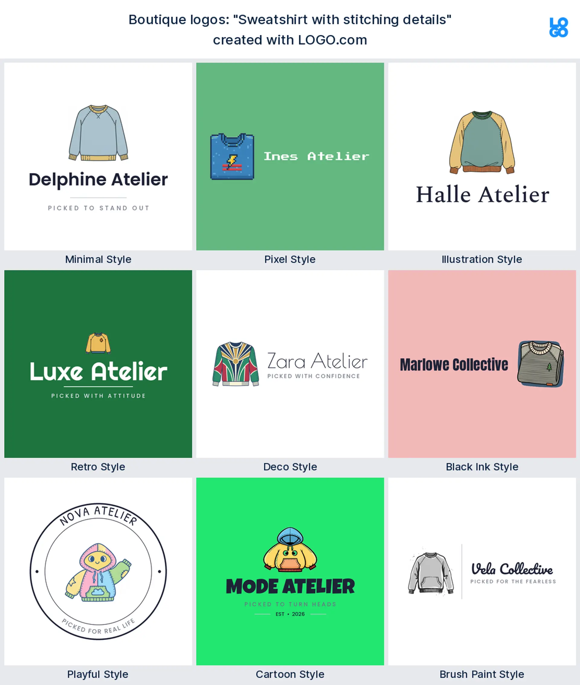 The Sweatshirt with stitching details boutique logo idea shown across nine LOGO.com styles
