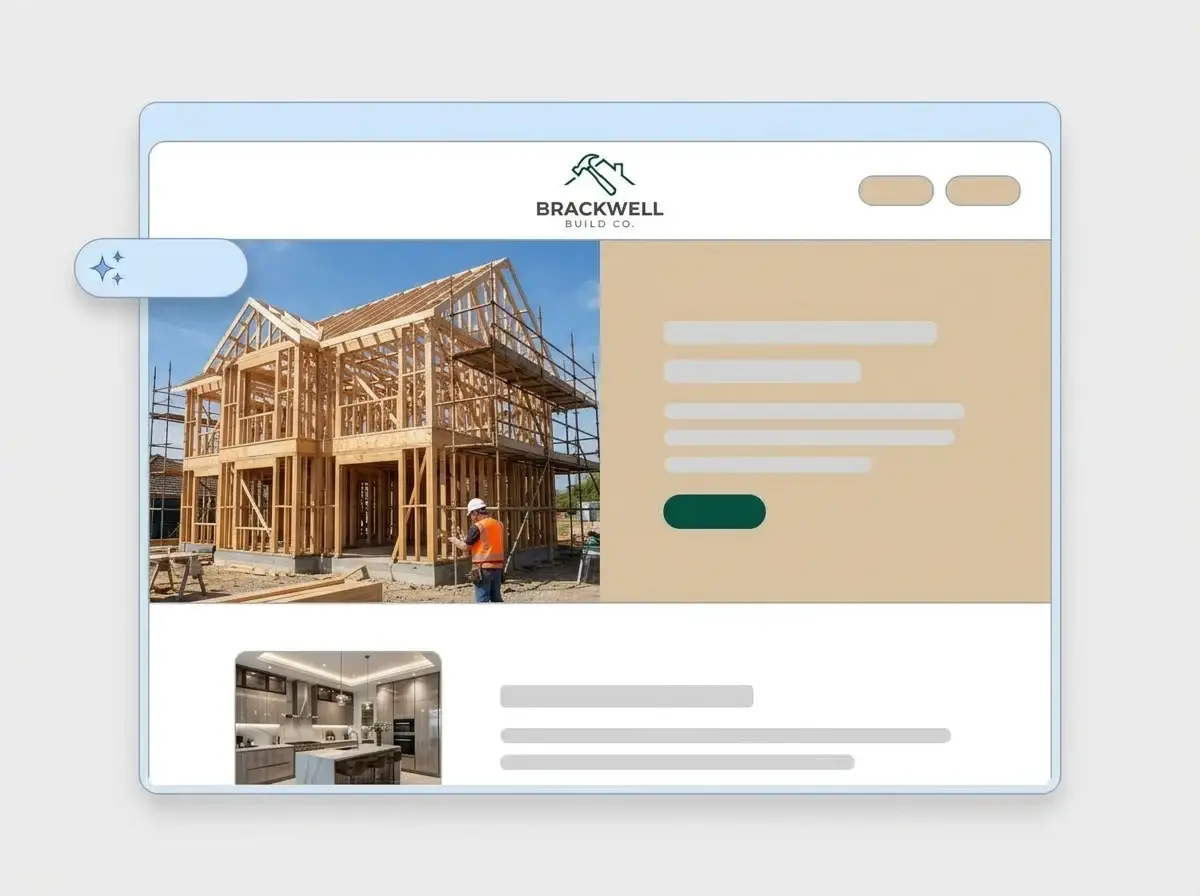 Finished Brackwell Build Co. construction website built by LOGO.com from the uploaded logo, with a timber framed house going up in the hero and a finished kitchen thumbnail