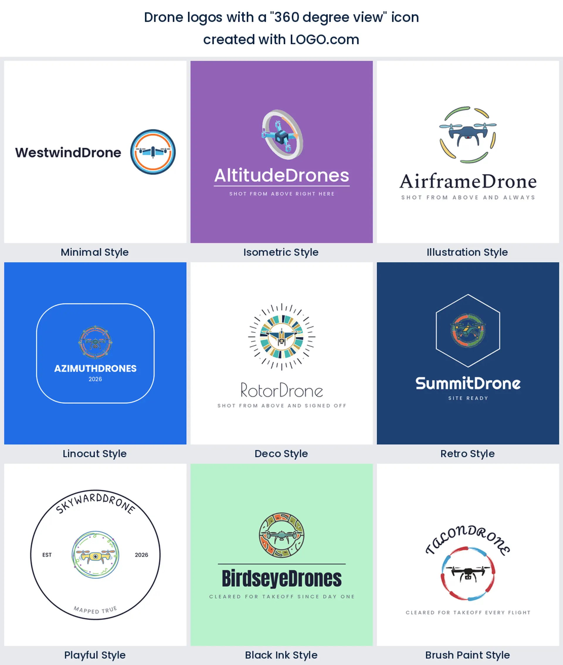 360 degree view drone logo shown across nine LOGO.com styles