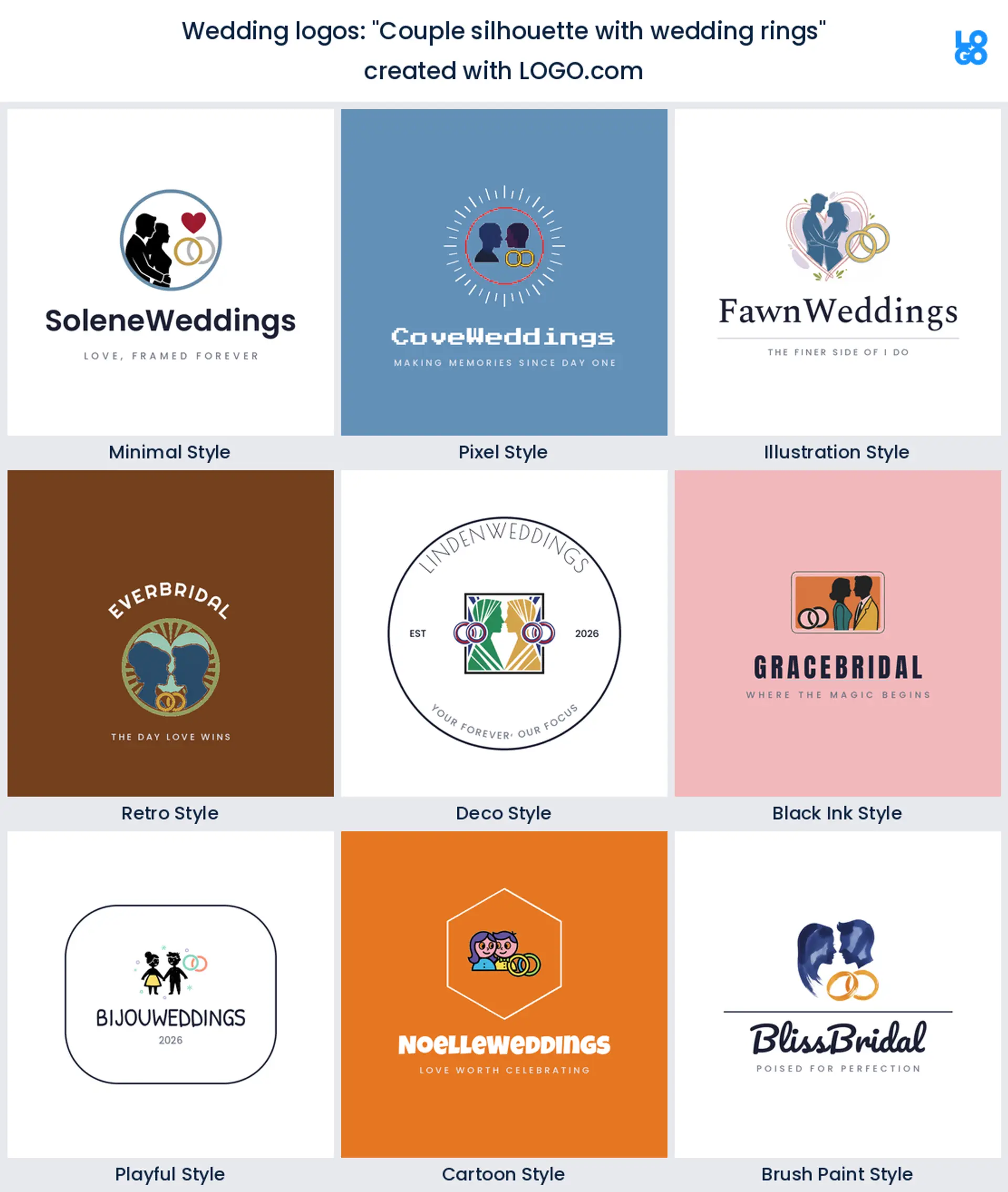 Couple silhouette with wedding rings, a wedding logo idea shown in nine LOGO.com styles