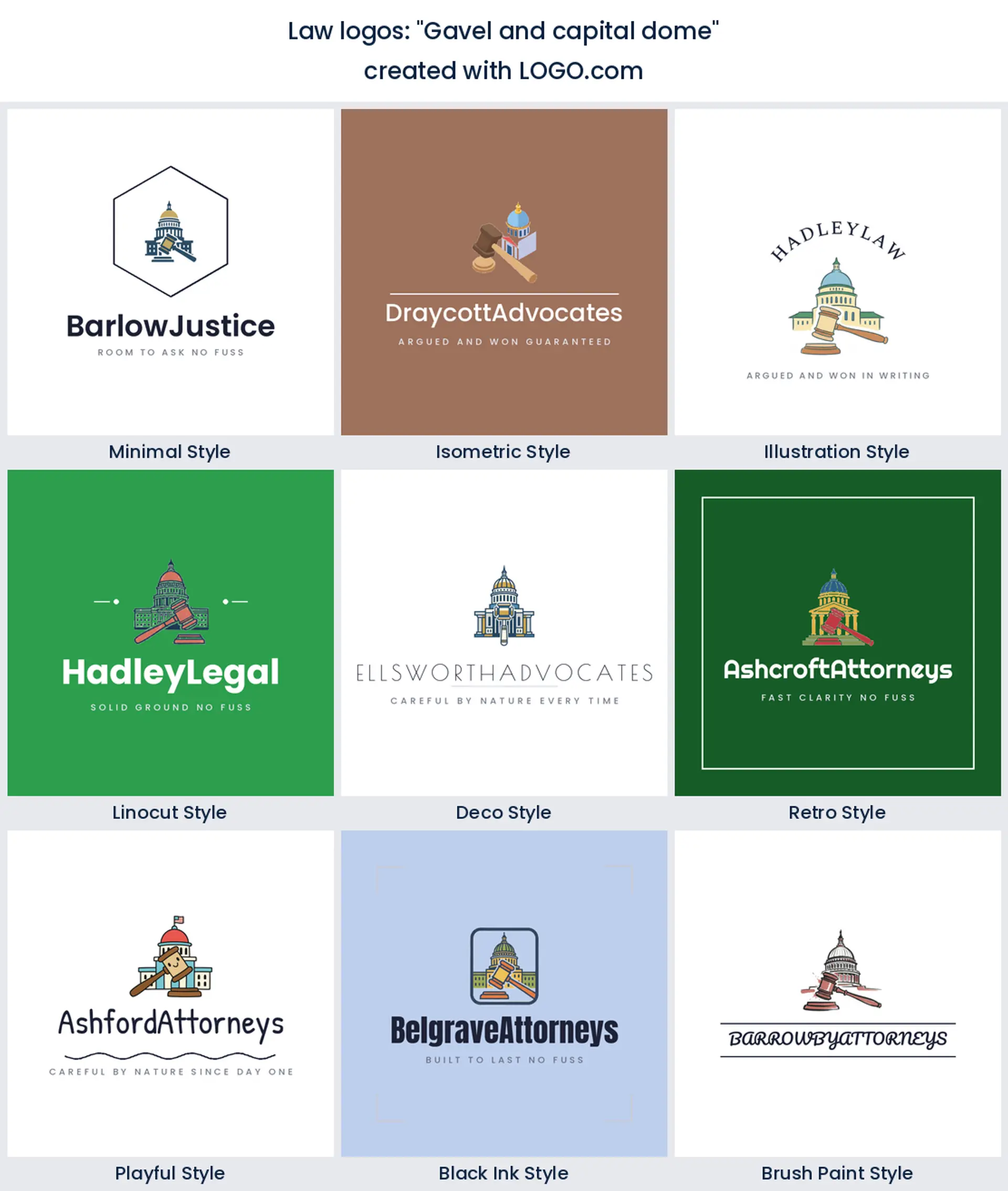 A gavel in front of a capitol dome across nine logo styles