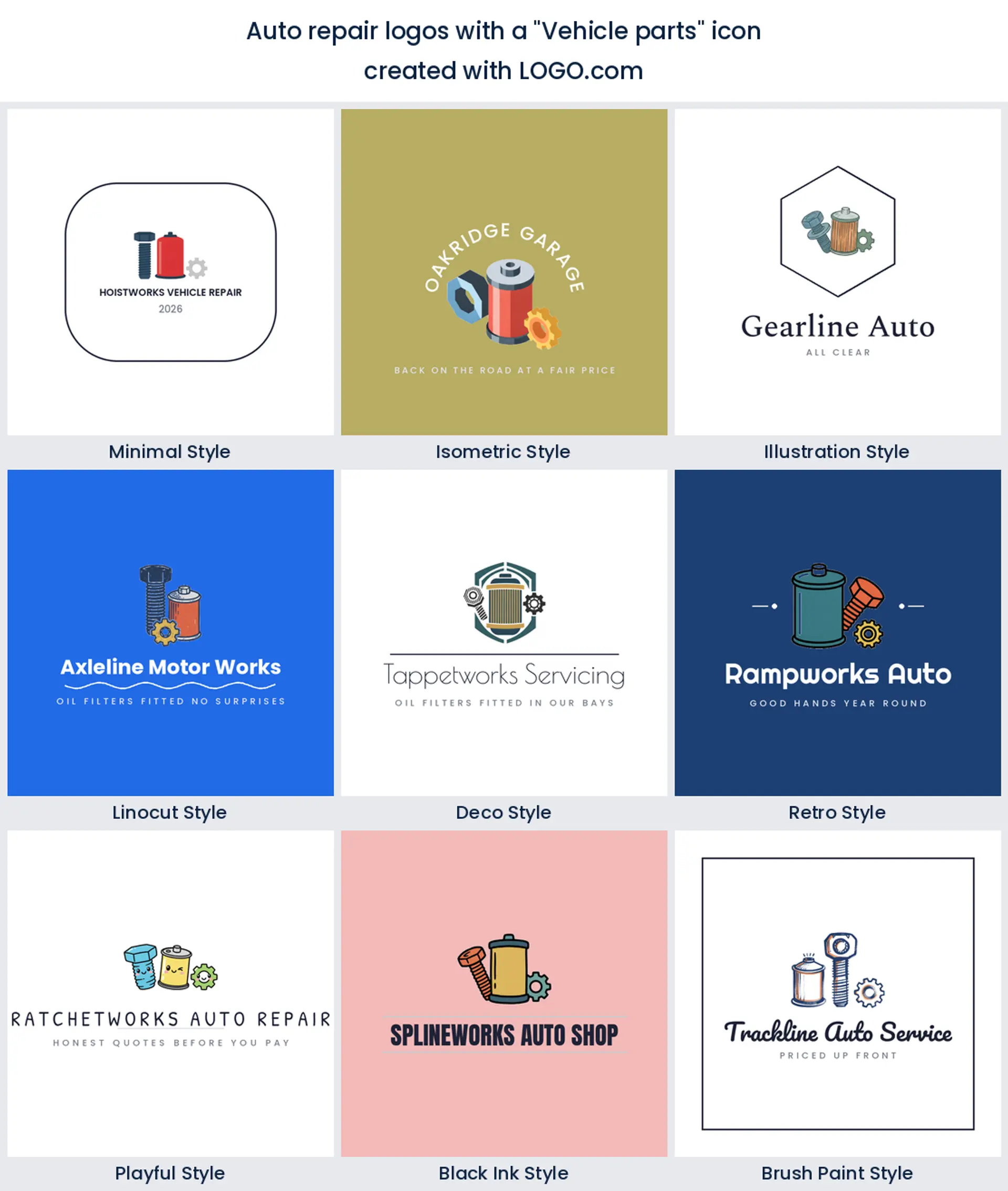 Vehicle parts auto repair logo shown in nine LOGO.com styles