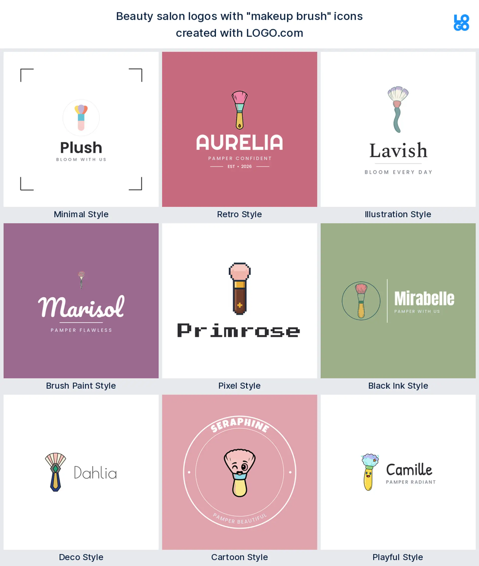 Makeup brush beauty salon logo shown in nine LOGO.com styles
