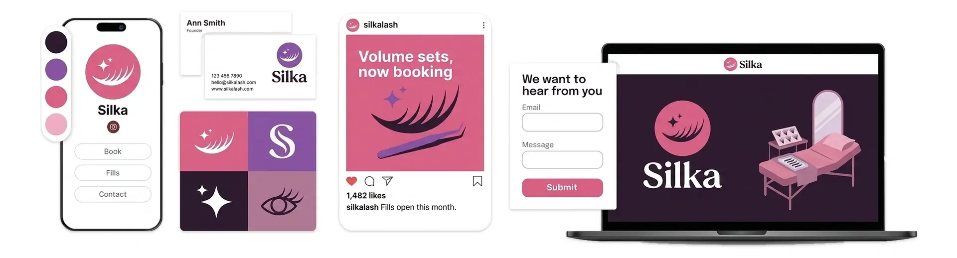 A lashes logo brand showcase for a lash studio called Silka, shown on a phone, business cards, an Instagram post, and a laptop.