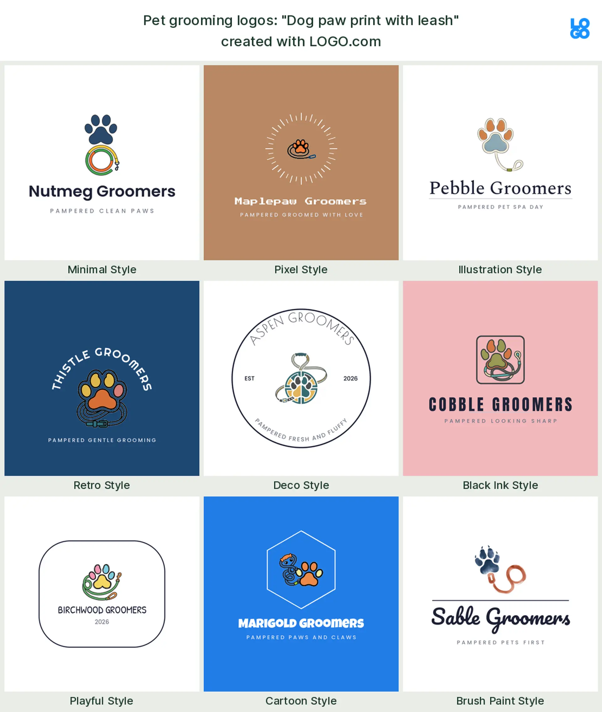 The "Dog paw print with leash" pet grooming logo idea, shown across nine styles on LOGO.com