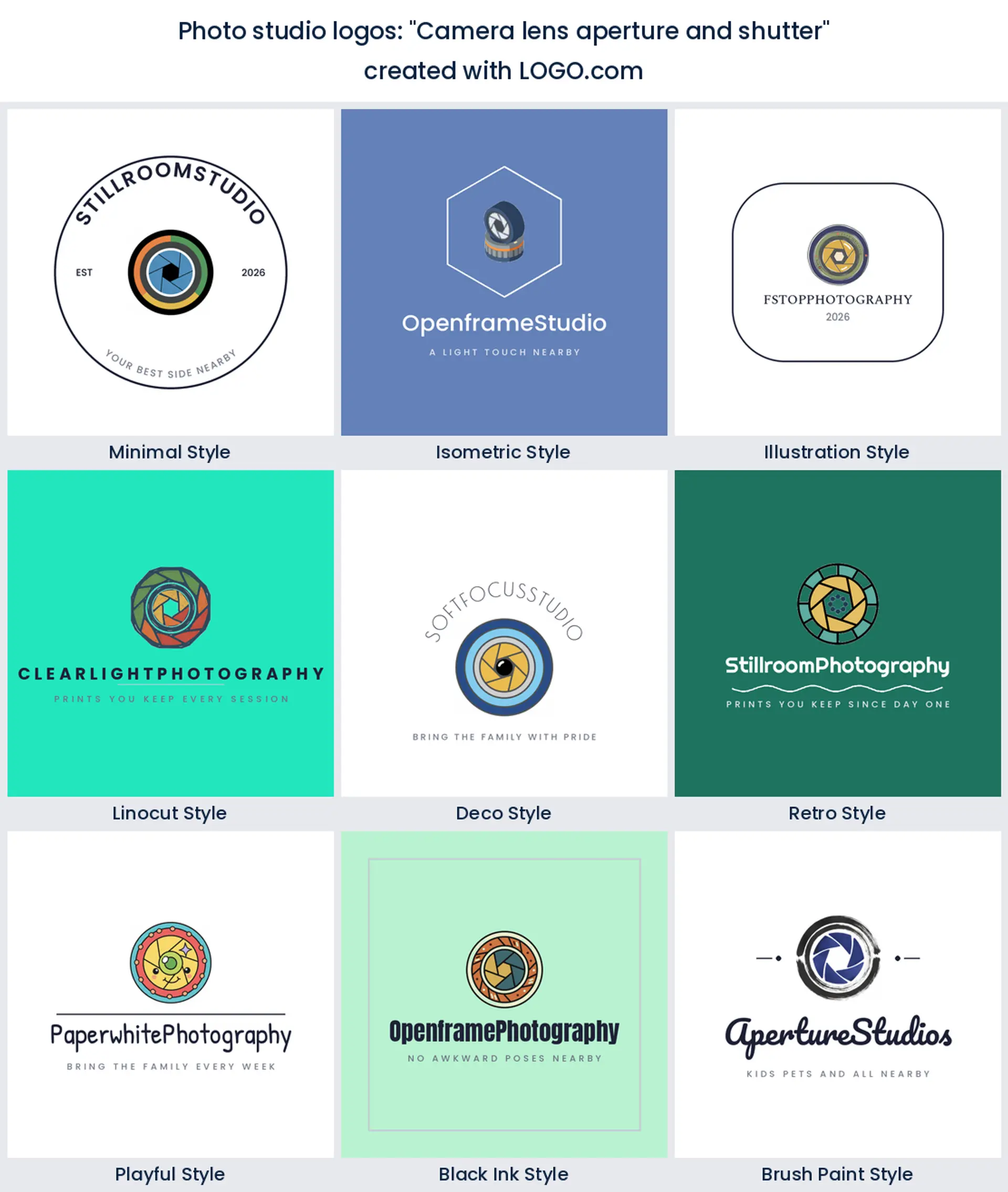 Photo studio logos from the prompt camera lens aperture and shutter in nine styles