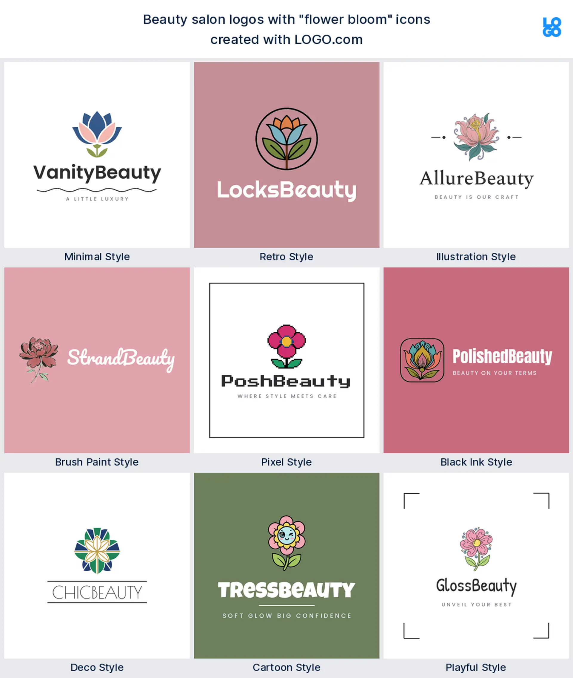 Flower bloom, illustrated beauty salon logo shown in nine LOGO.com styles