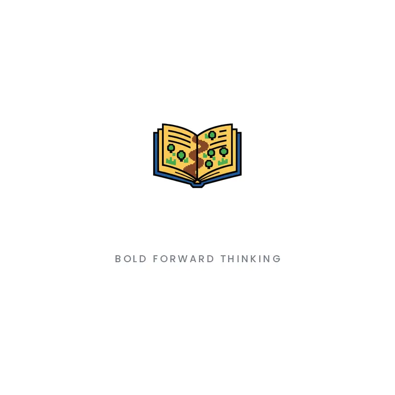 An open book revealing a path, an advisory consulting logo in a pixel style
