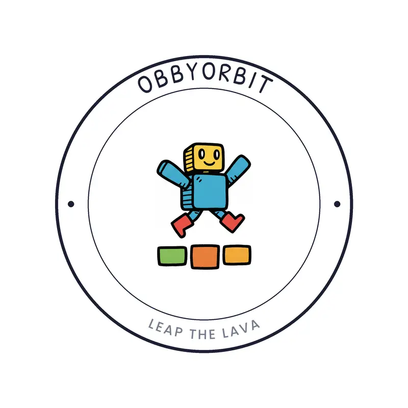 Roblox avatar jumping over obstacle logo for an obby