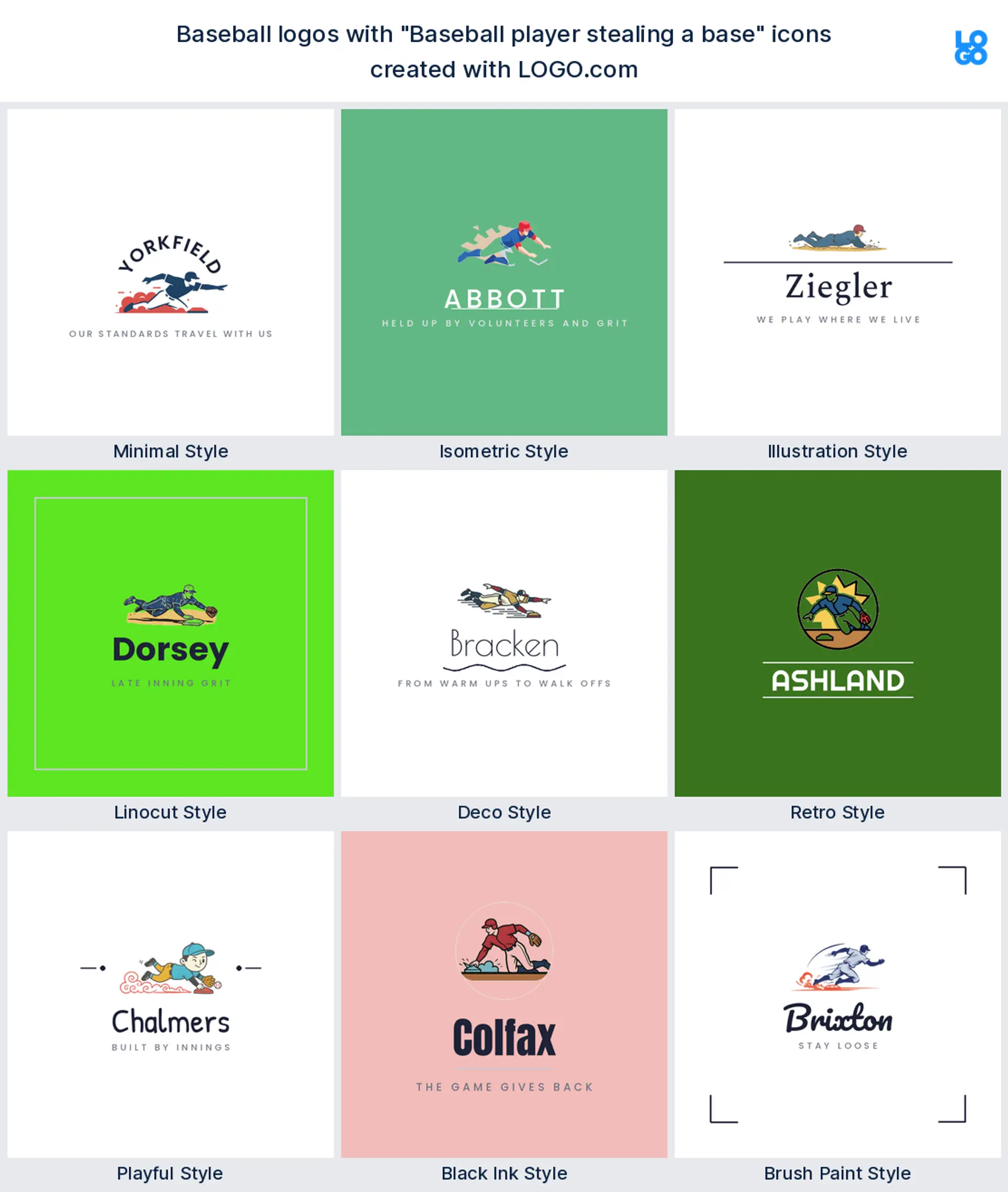 Player stealing a base baseball logo shown in nine LOGO.com styles