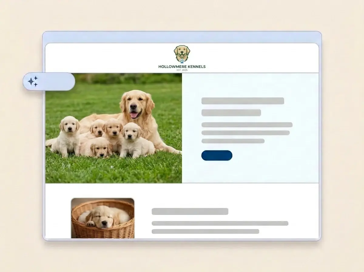 Finished Hollowmere Kennels dog breeder website built by LOGO.com from the uploaded logo, with retriever puppies on a lawn in the hero and a puppy thumbnail