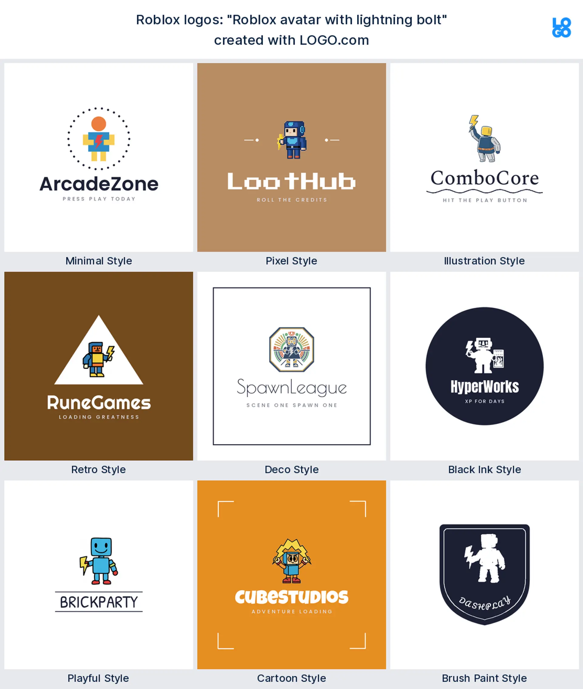 Roblox logos built from the founder prompt "Roblox avatar with lightning bolt"