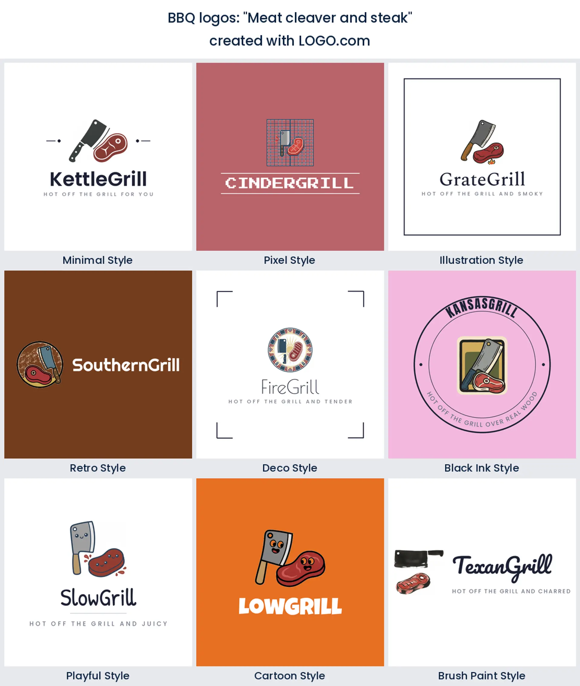 Meat cleaver and steak logo in nine styles.
