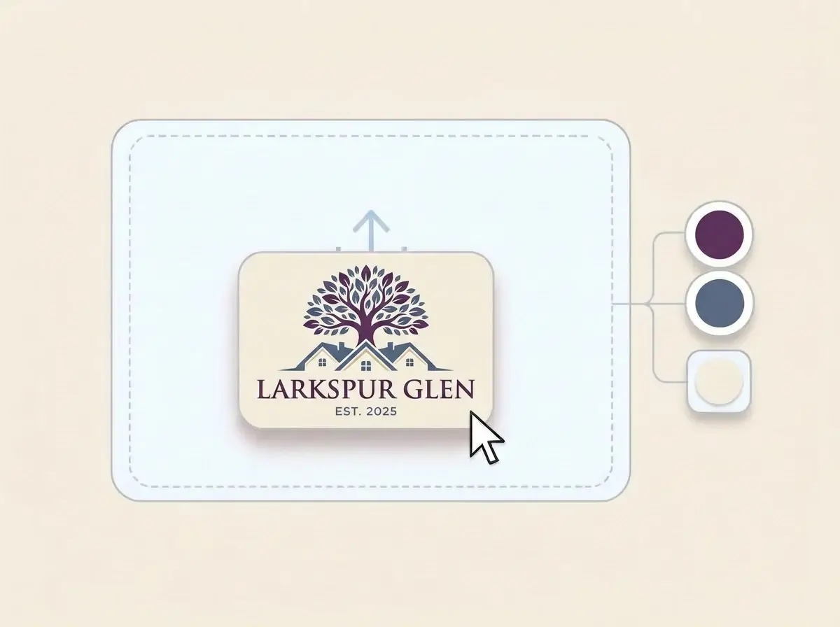 Larkspur Glen logo, three rooftops beneath a round oak tree in deep purple and slate blue, dropped into the LOGO.com upload box with its colors picked out