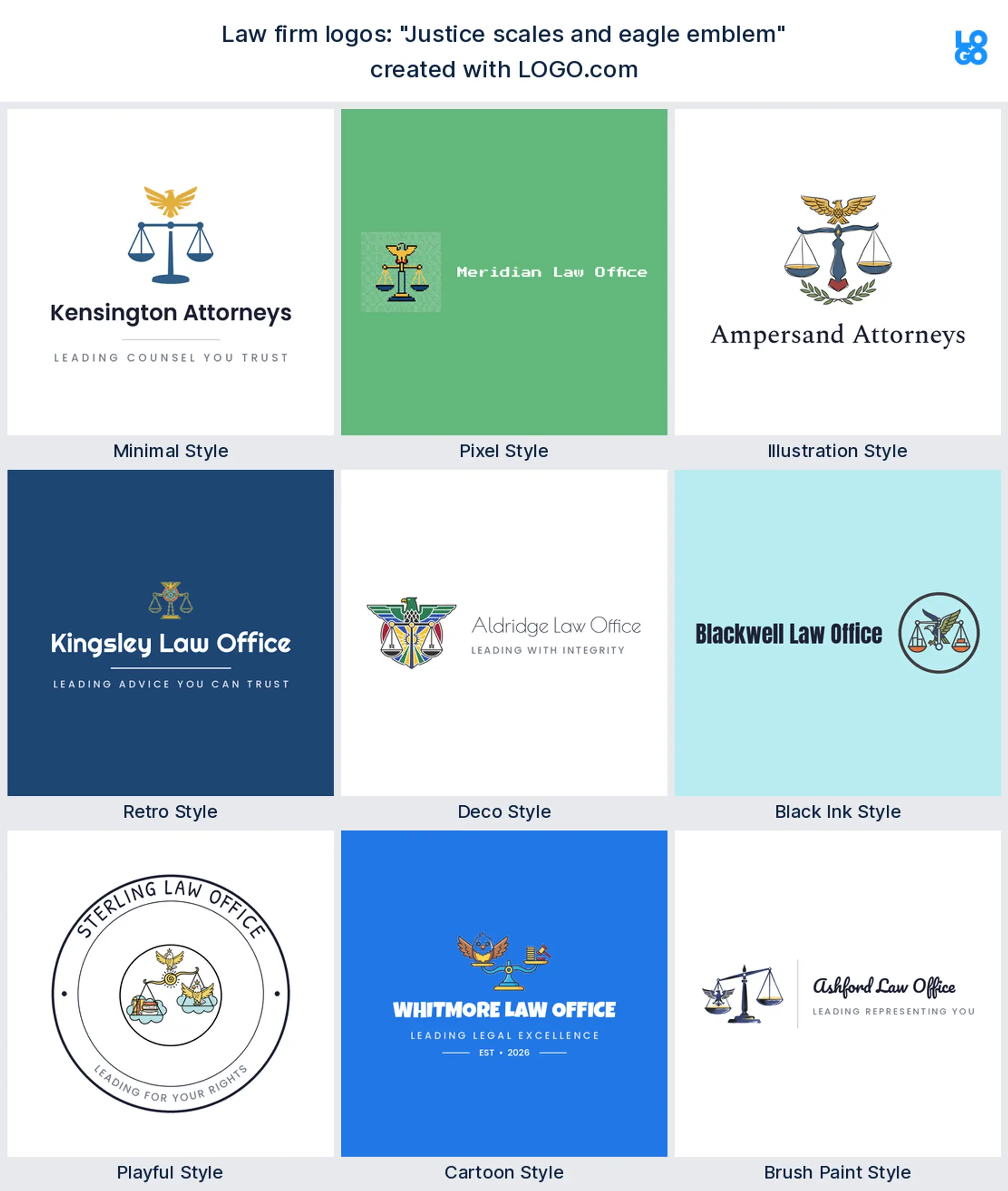 The "Justice scales and eagle emblem" legal logo idea, shown across nine styles on LOGO.com