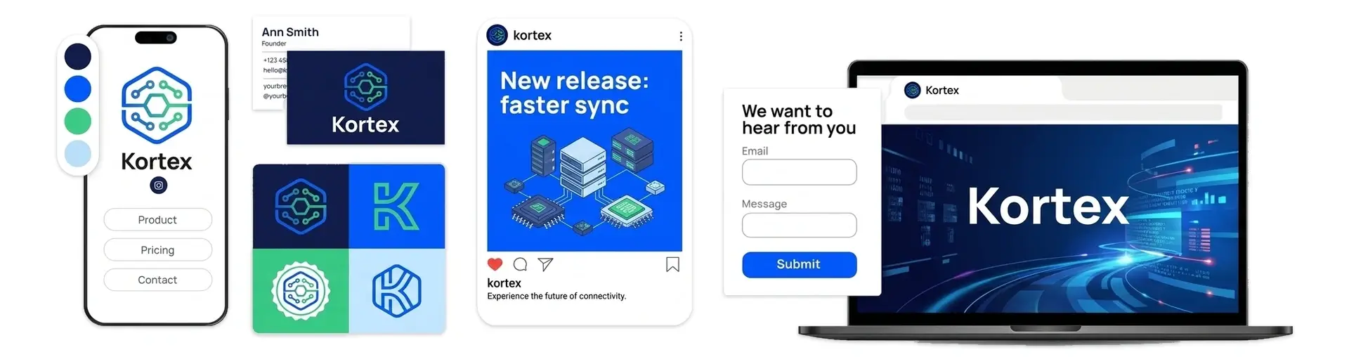 A tech logo shown across an app icon, a website, and a phone.