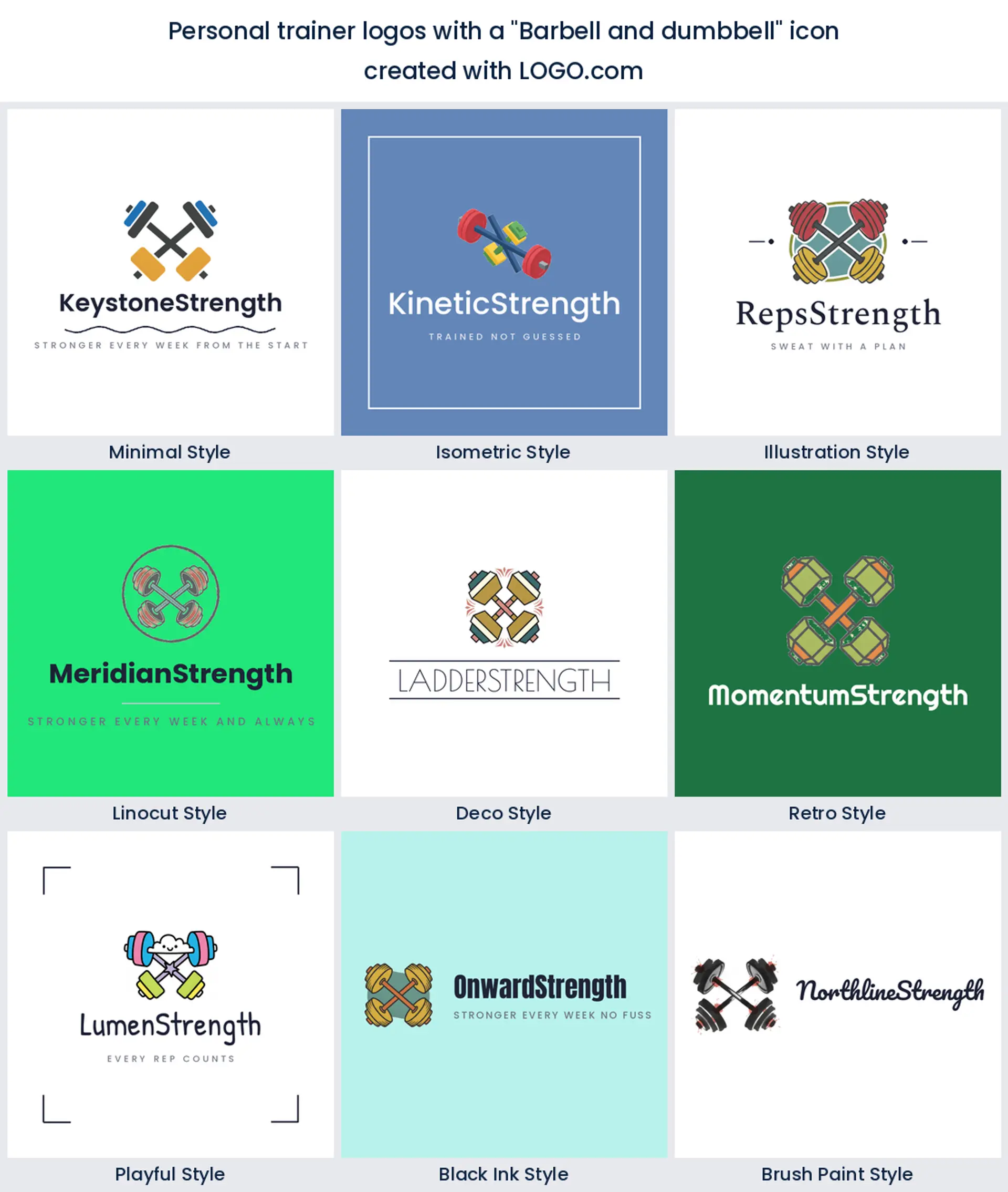 Barbell and dumbbell personal training logo shown across nine LOGO.com styles