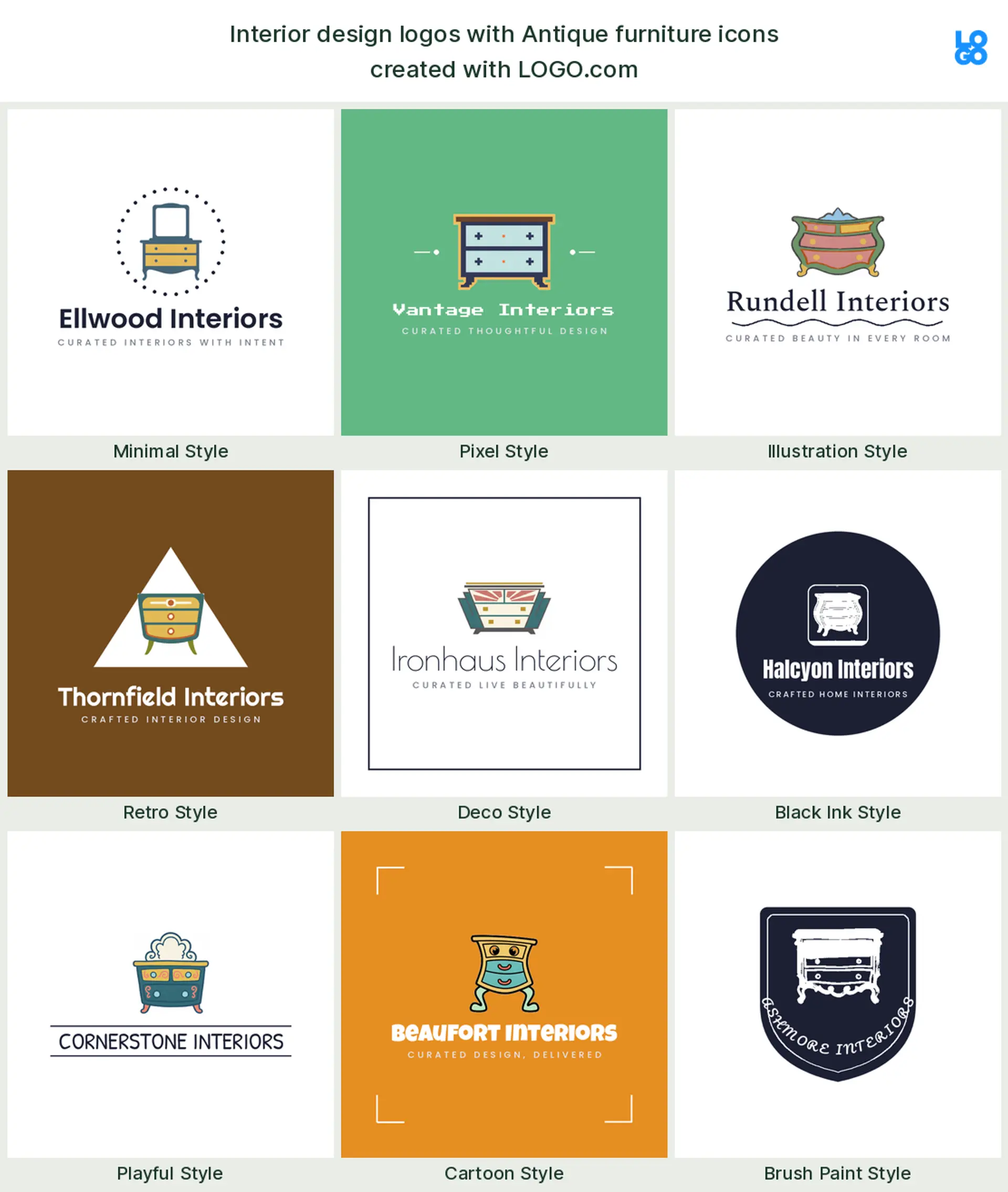 Antique furniture, a popular interior design logo symbol, shown across nine styles on LOGO.com