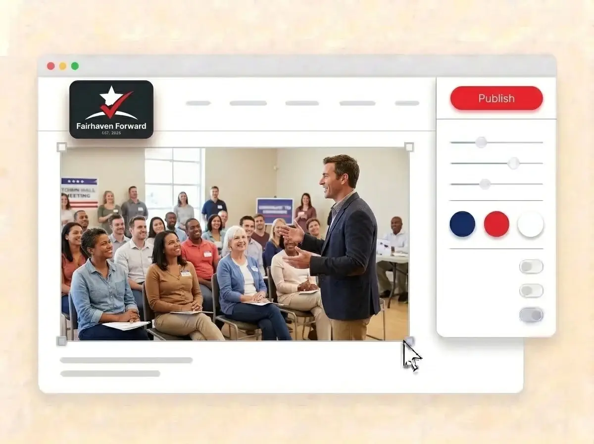 Editing the Fairhaven Forward website with a town hall photo selected, the style panel open and the red Publish button ready