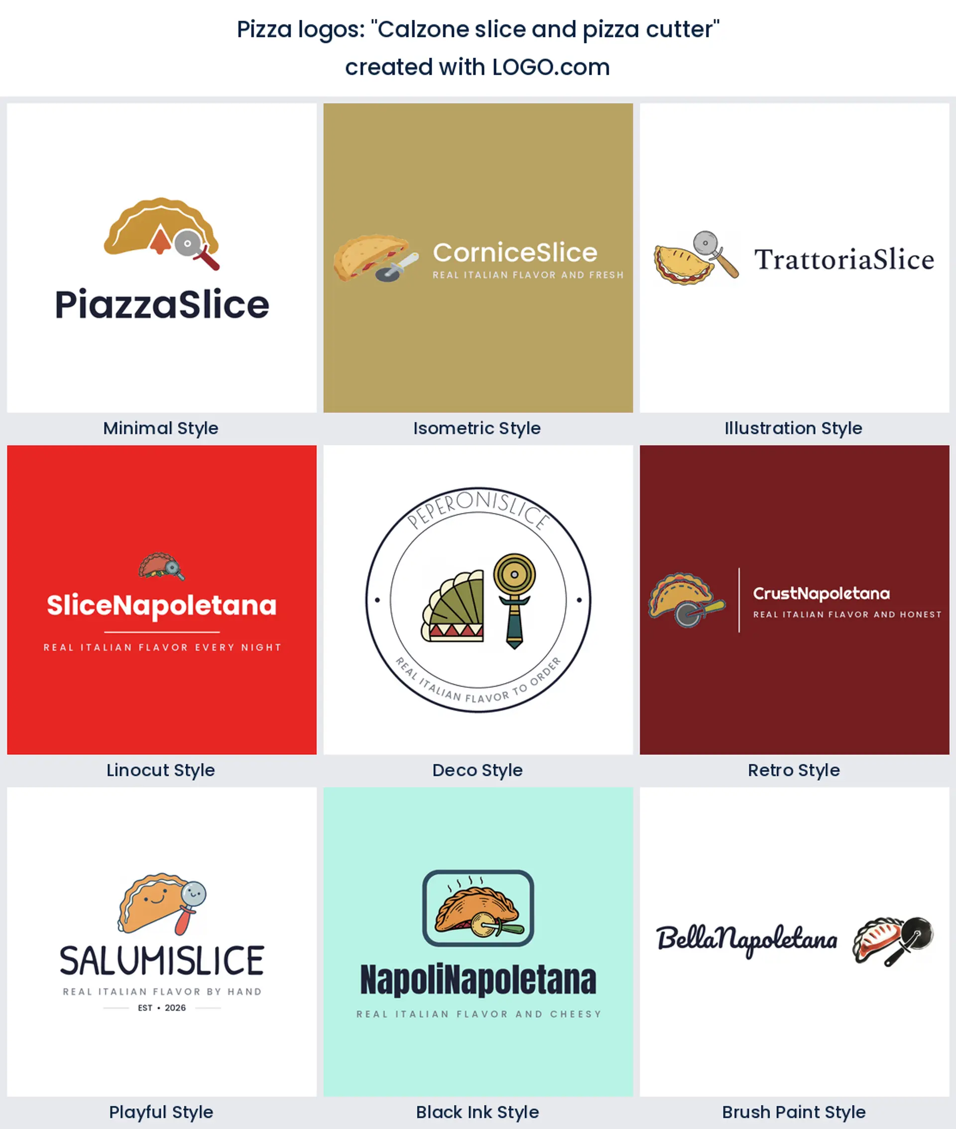 Calzone slice and pizza cutter logo in nine styles.