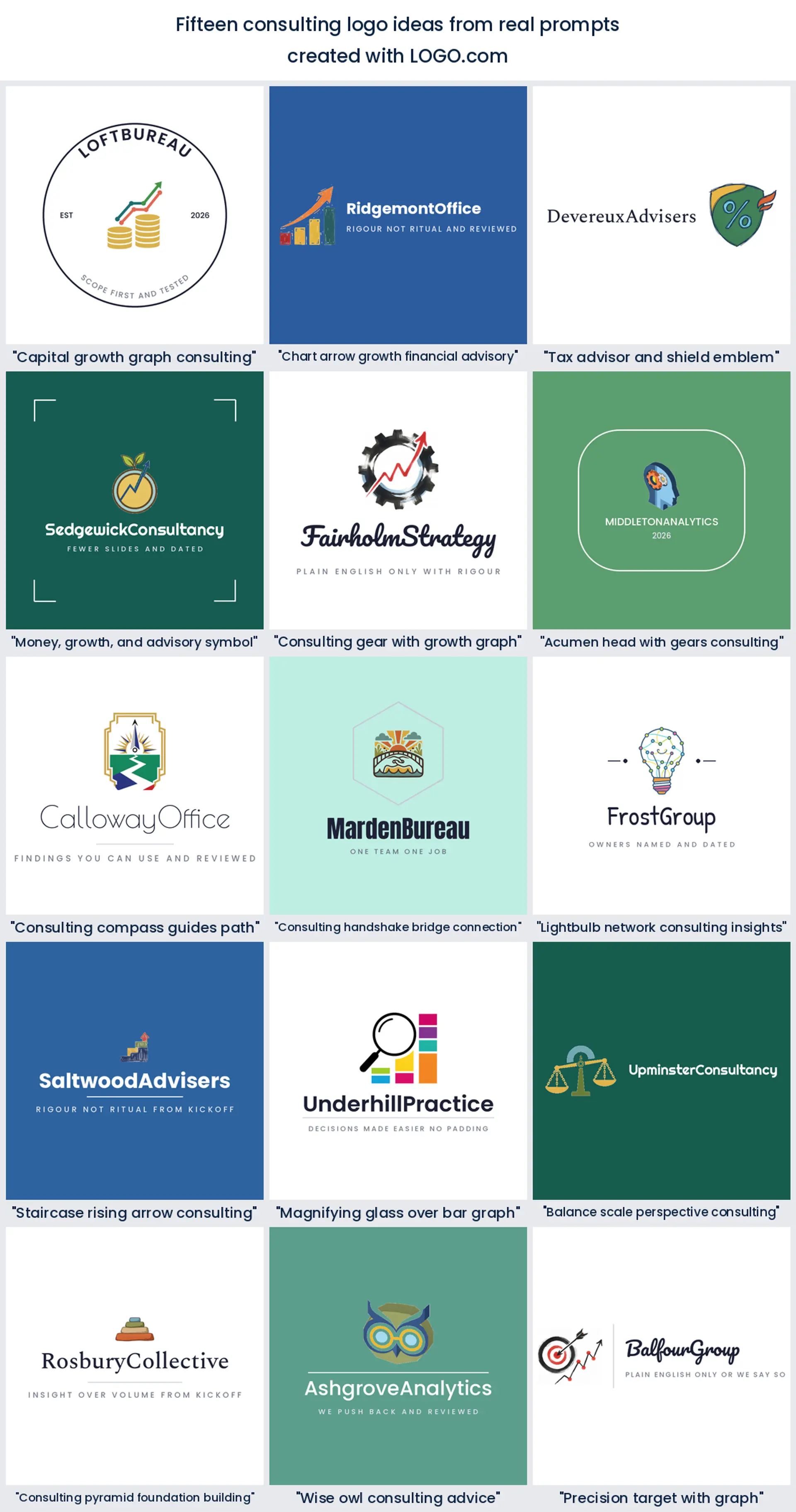 Overview of fifteen consulting logo ideas taken from real founder prompts on LOGO.com