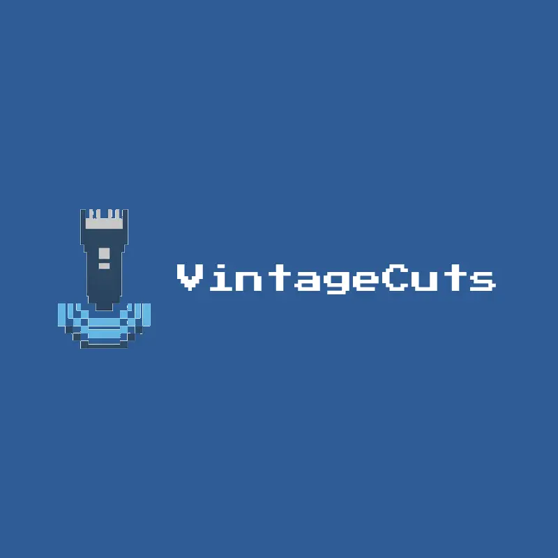A pixel clipper and fade lines logo on a blue background.