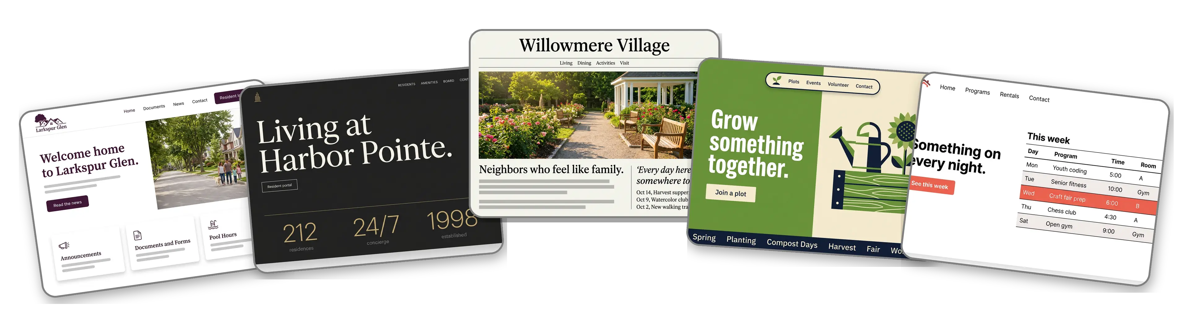 Five community websites built with LOGO.com from a logo upload: a homeowners association, a condo owners association, a retirement community, a community garden and a neighborhood community center