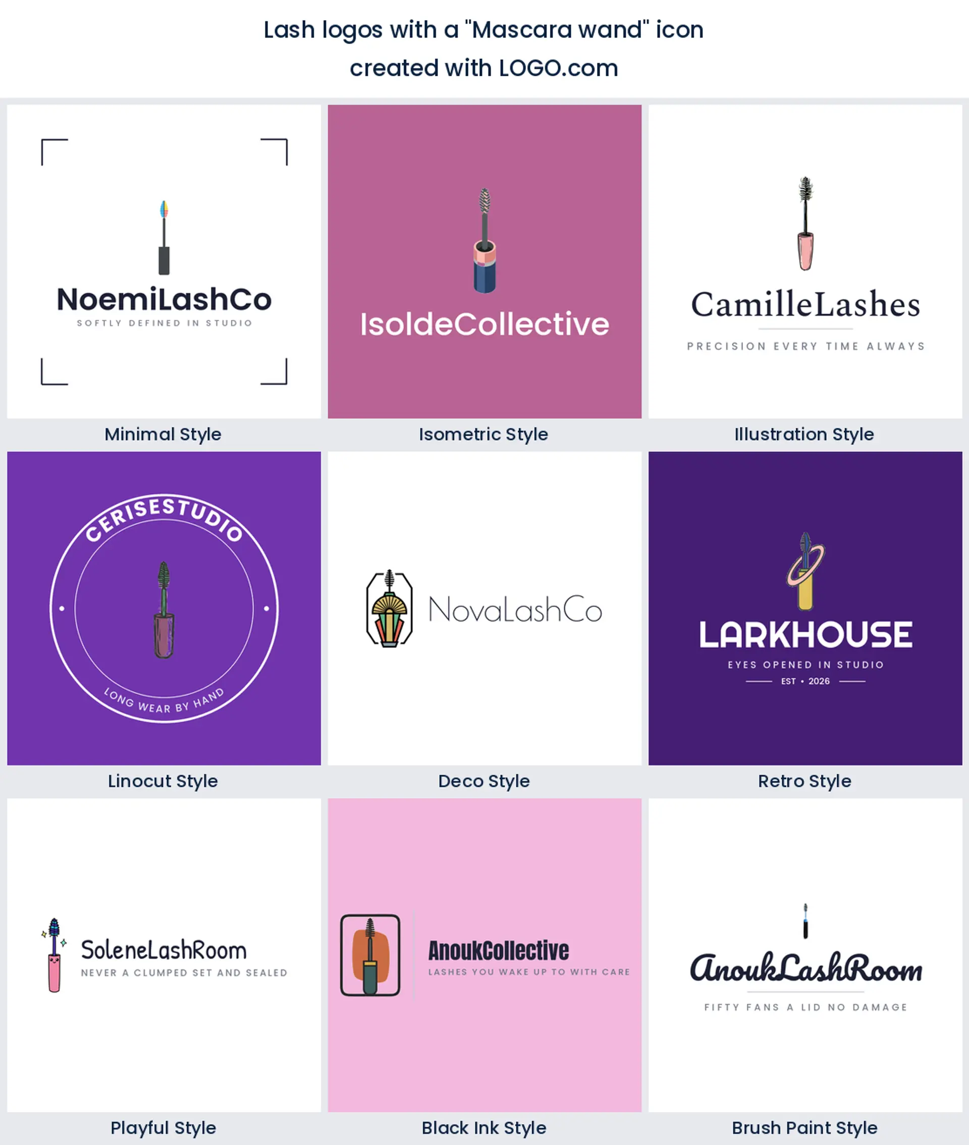 A mascara wand icon shown in nine lash logo styles, from minimal to retro.