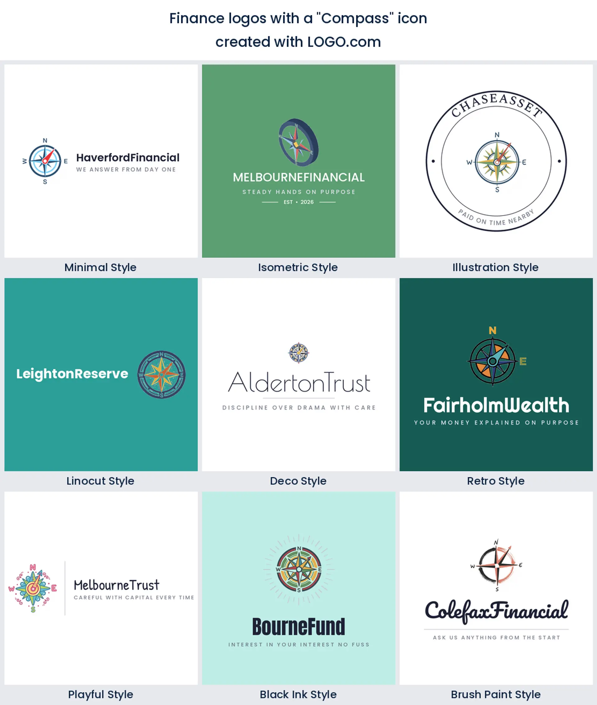 Nine styles of financial planning logo built on a compass and a north star