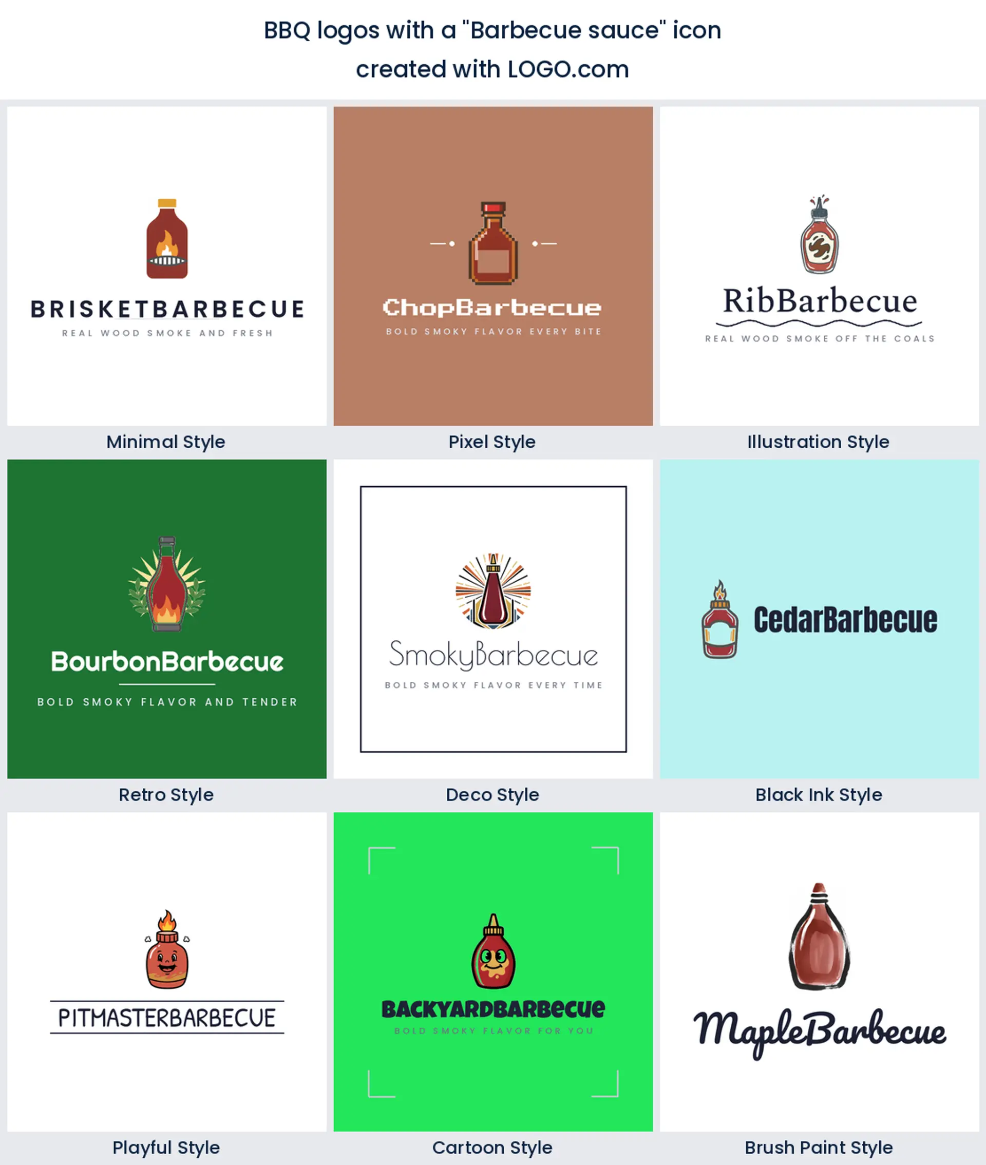 Barbecue sauce bottle bbq logo shown in nine LOGO.com styles.