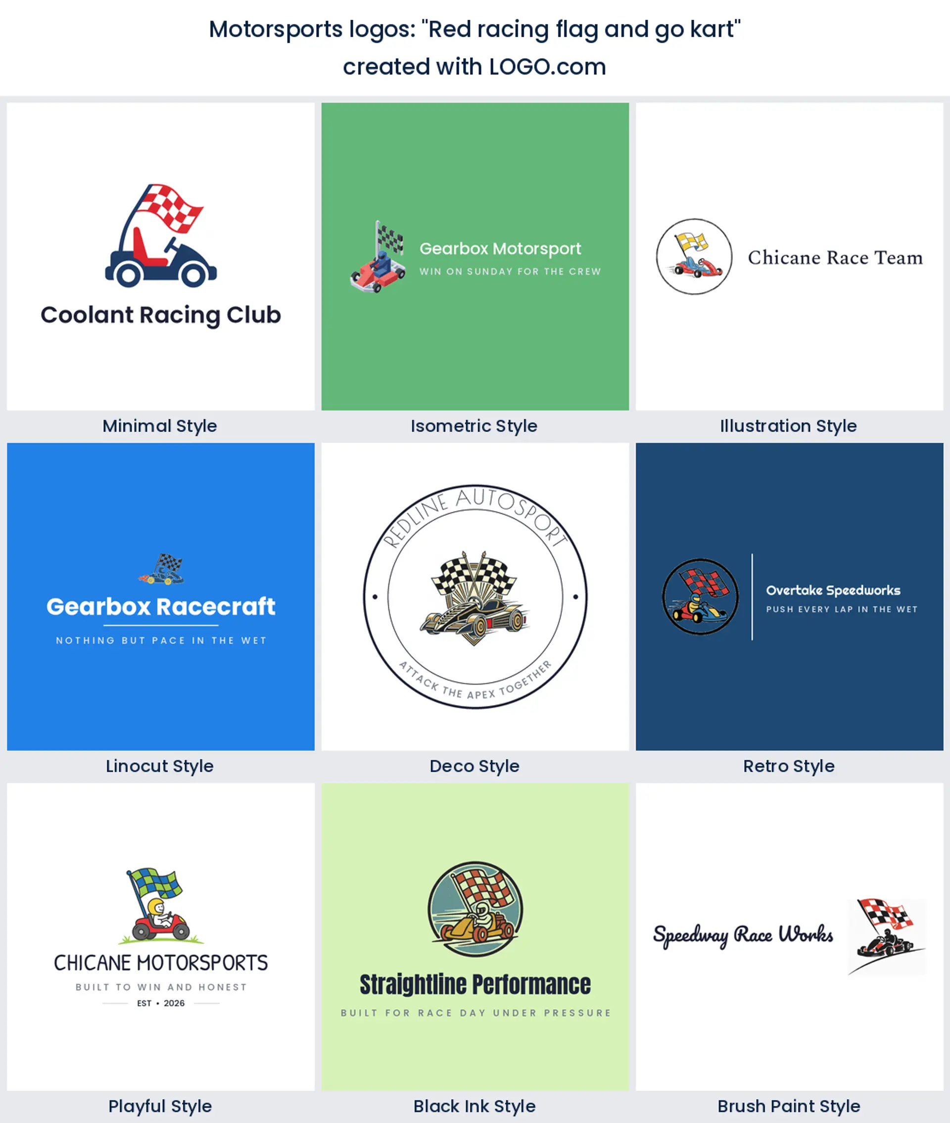 Nine karting logos of a go kart under a racing flag, rendered in nine styles.