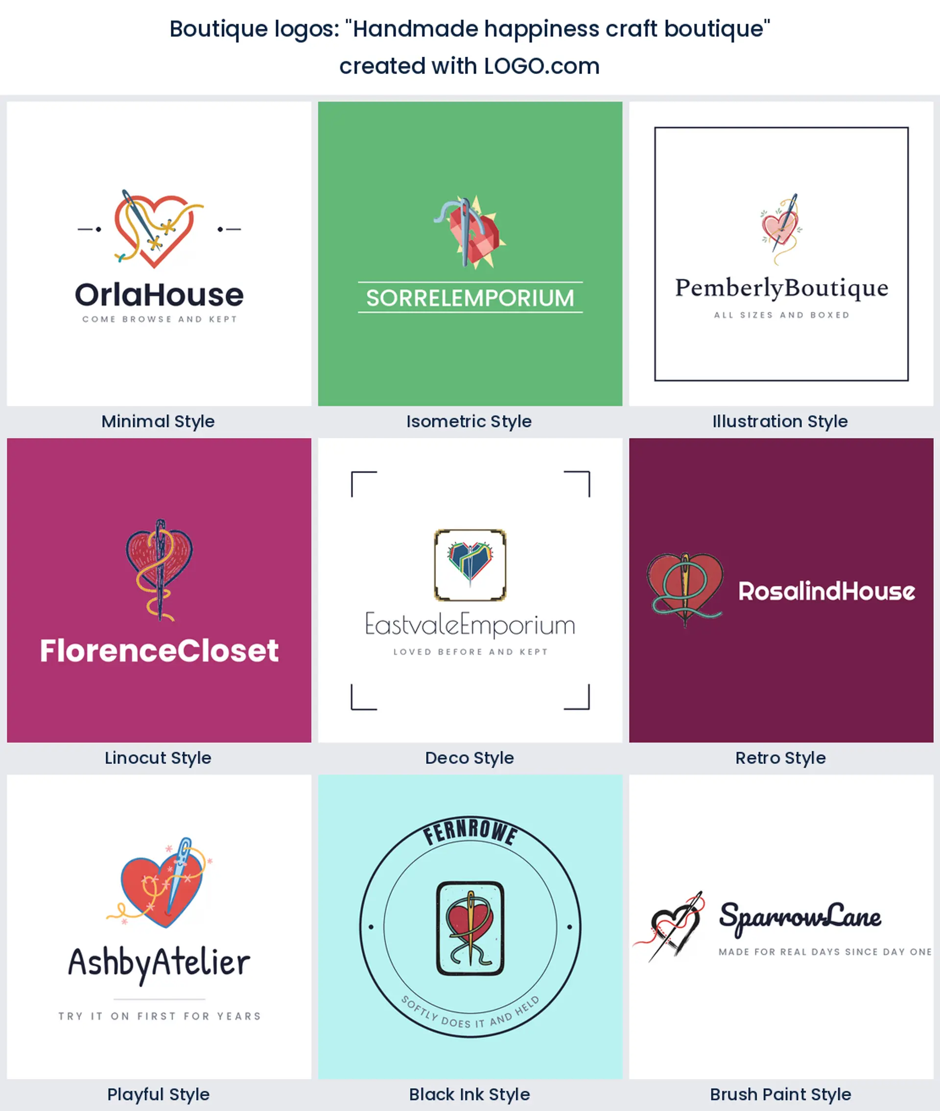 Handmade craft boutique logo shown in nine LOGO.com styles