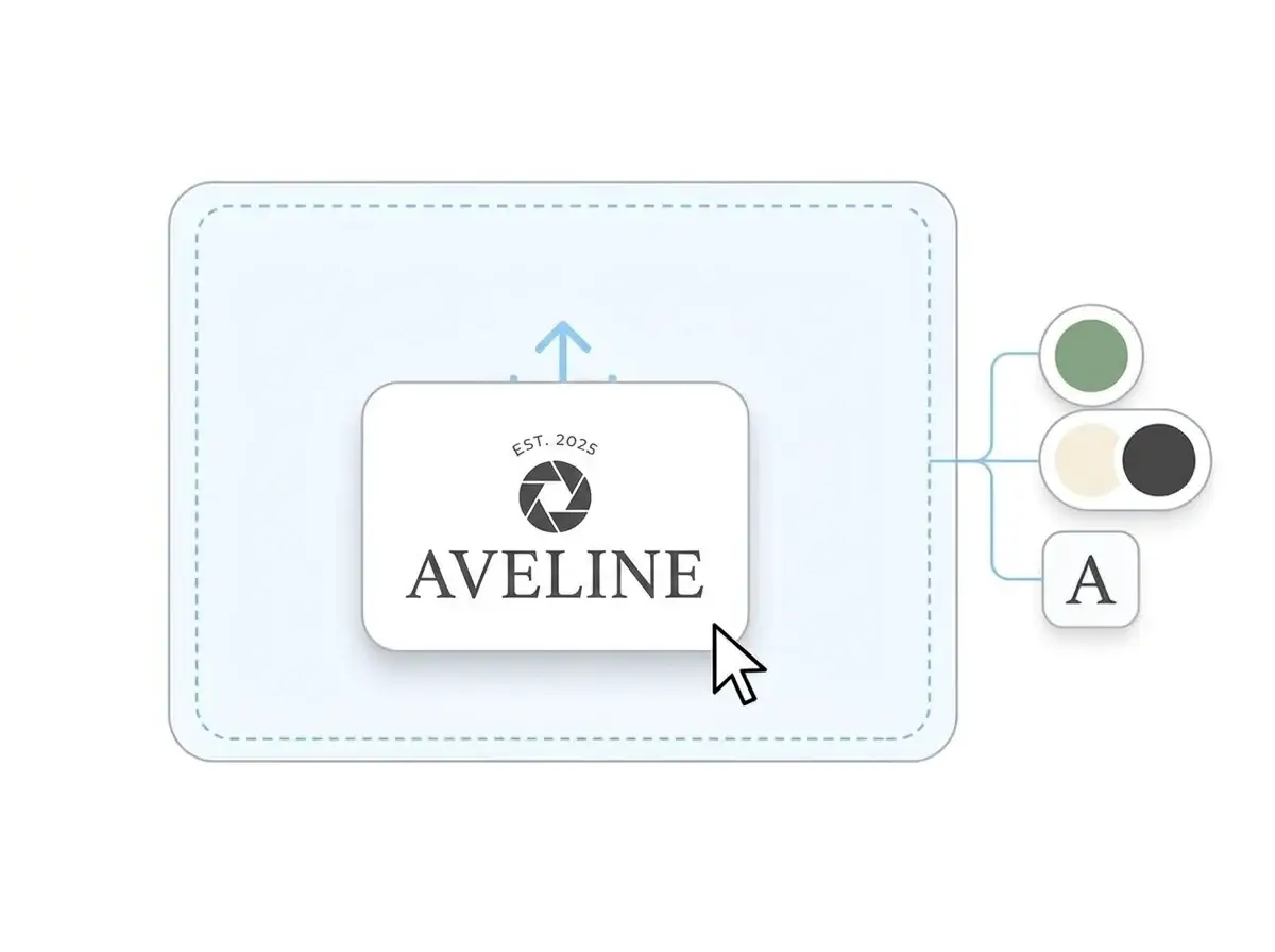 Aveline photography logo being dropped into the photography website builder upload box, with its sage green, off white and charcoal colors and serif font picked out