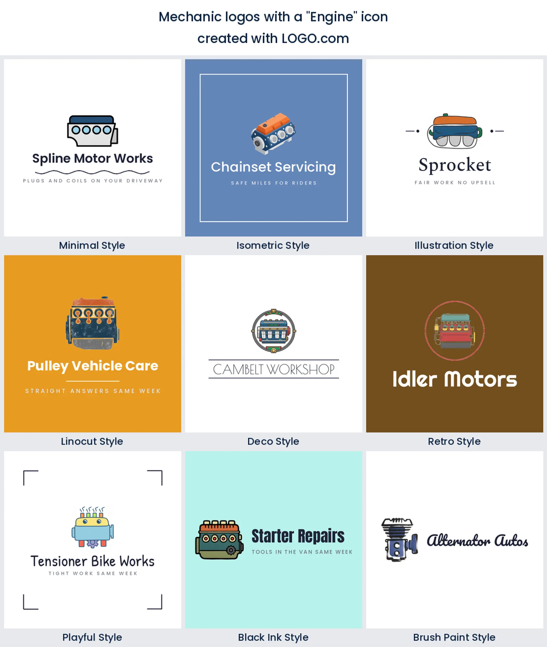Engine mechanic logo shown in nine LOGO.com styles