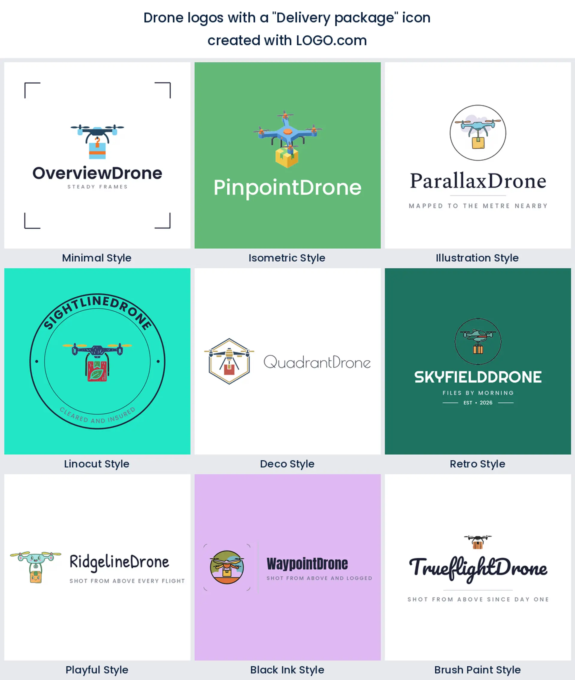 Delivery package drone logo shown across nine LOGO.com styles