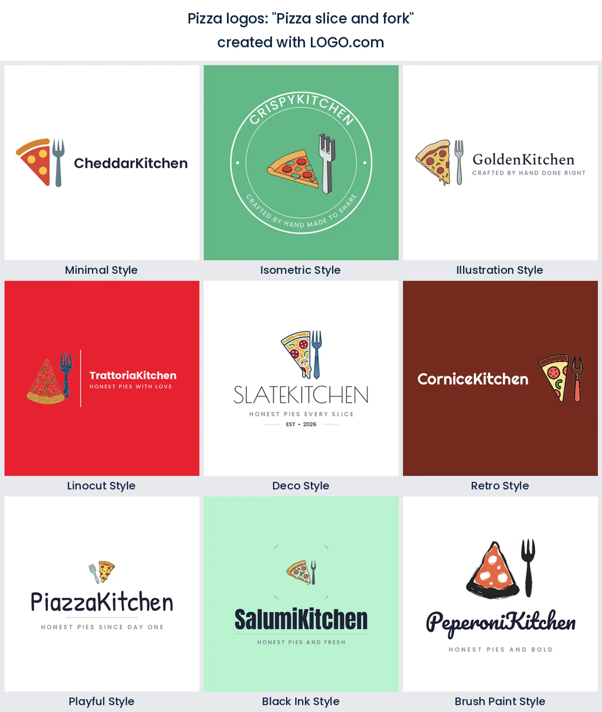 Pizza slice and fork logo in nine styles.