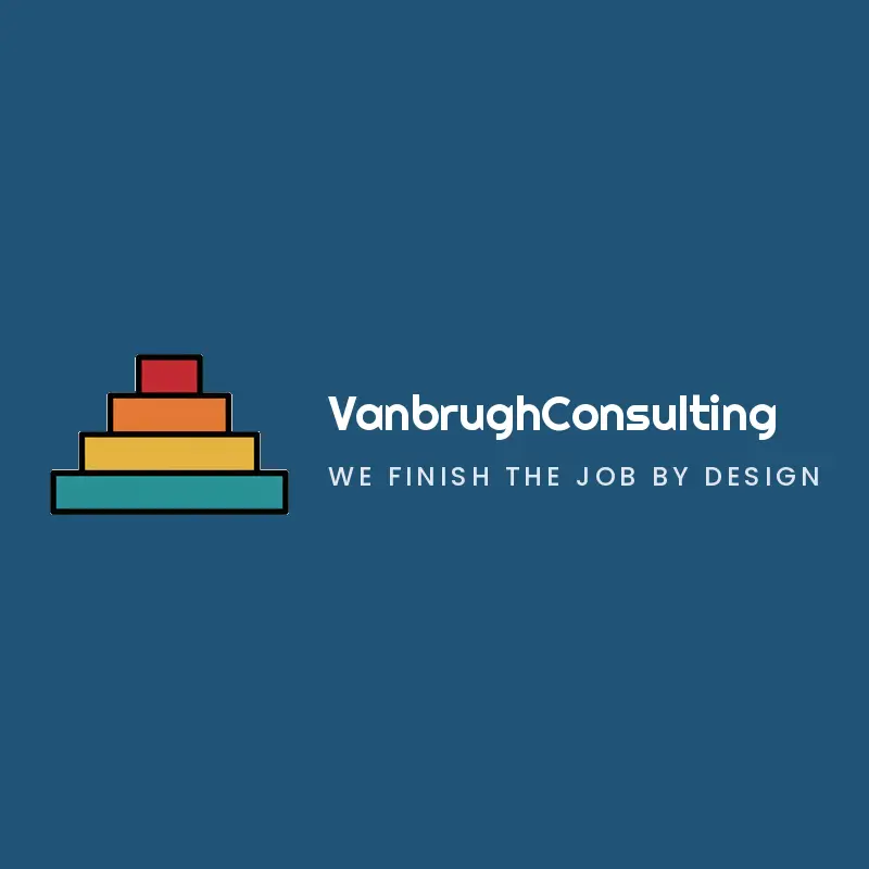 Retro consulting business logo for VanbrughConsulting with a stepped pyramid of four blocks on steel blue
