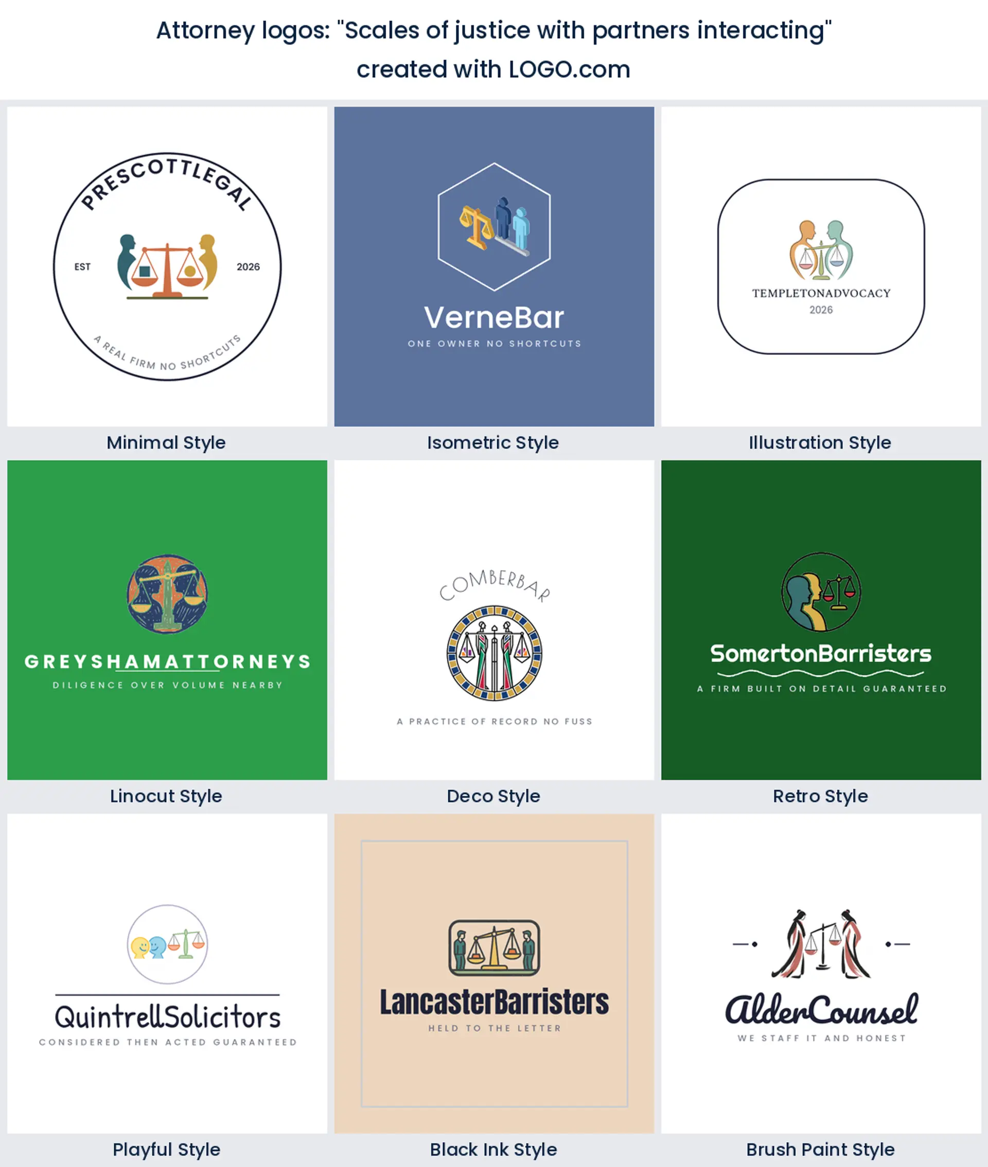 Nine styles of attorney logo with two partner figures beside balanced scales