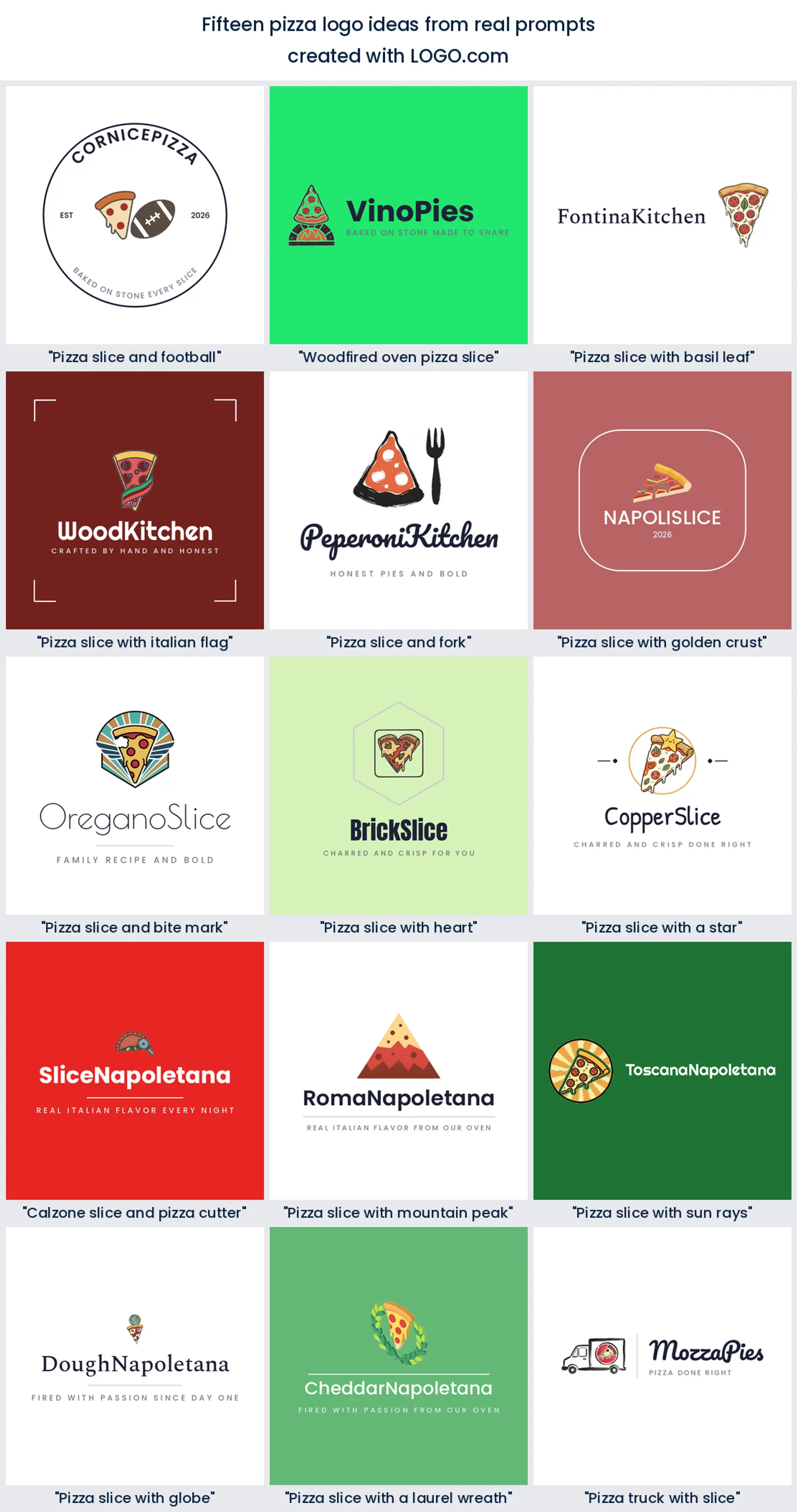 Fifteen pizza logo ideas shown across nine LOGO.com styles.