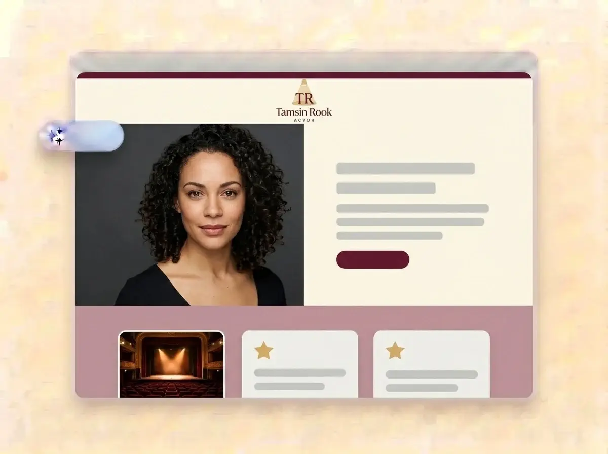 Finished Tamsin Rook actor website built by LOGO.com from the uploaded logo, with a professional headshot against a charcoal backdrop as the hero photo