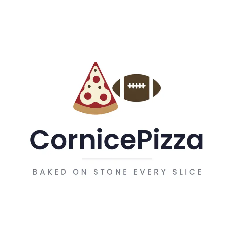 A minimal pizza slice and football logo on a white background.