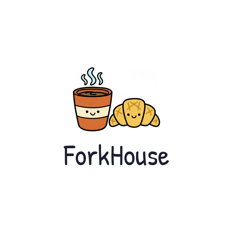 A playful coffee and croissant cafe logo on a white background.