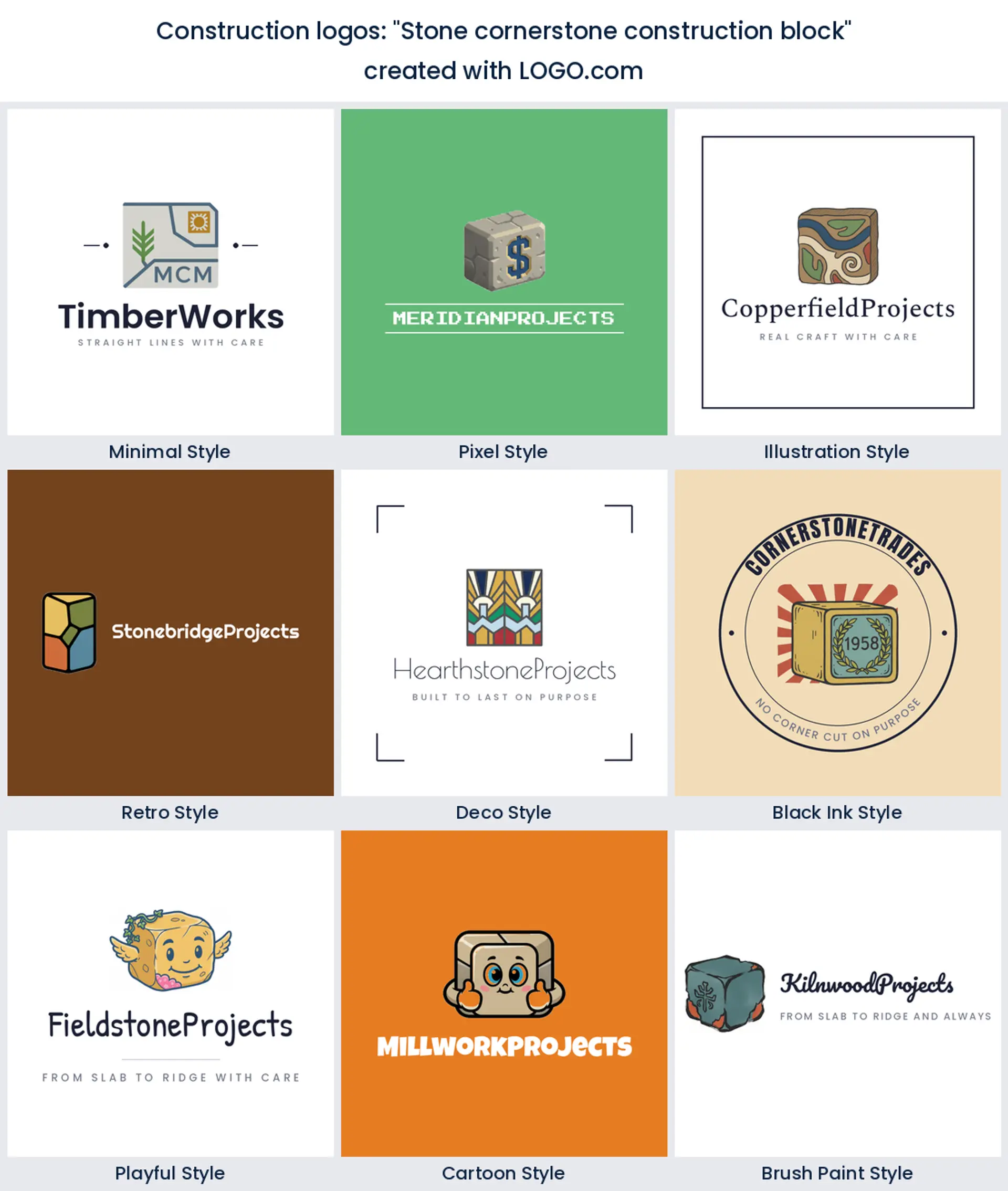 Stone cornerstone construction logo idea, shown in nine LOGO.com styles