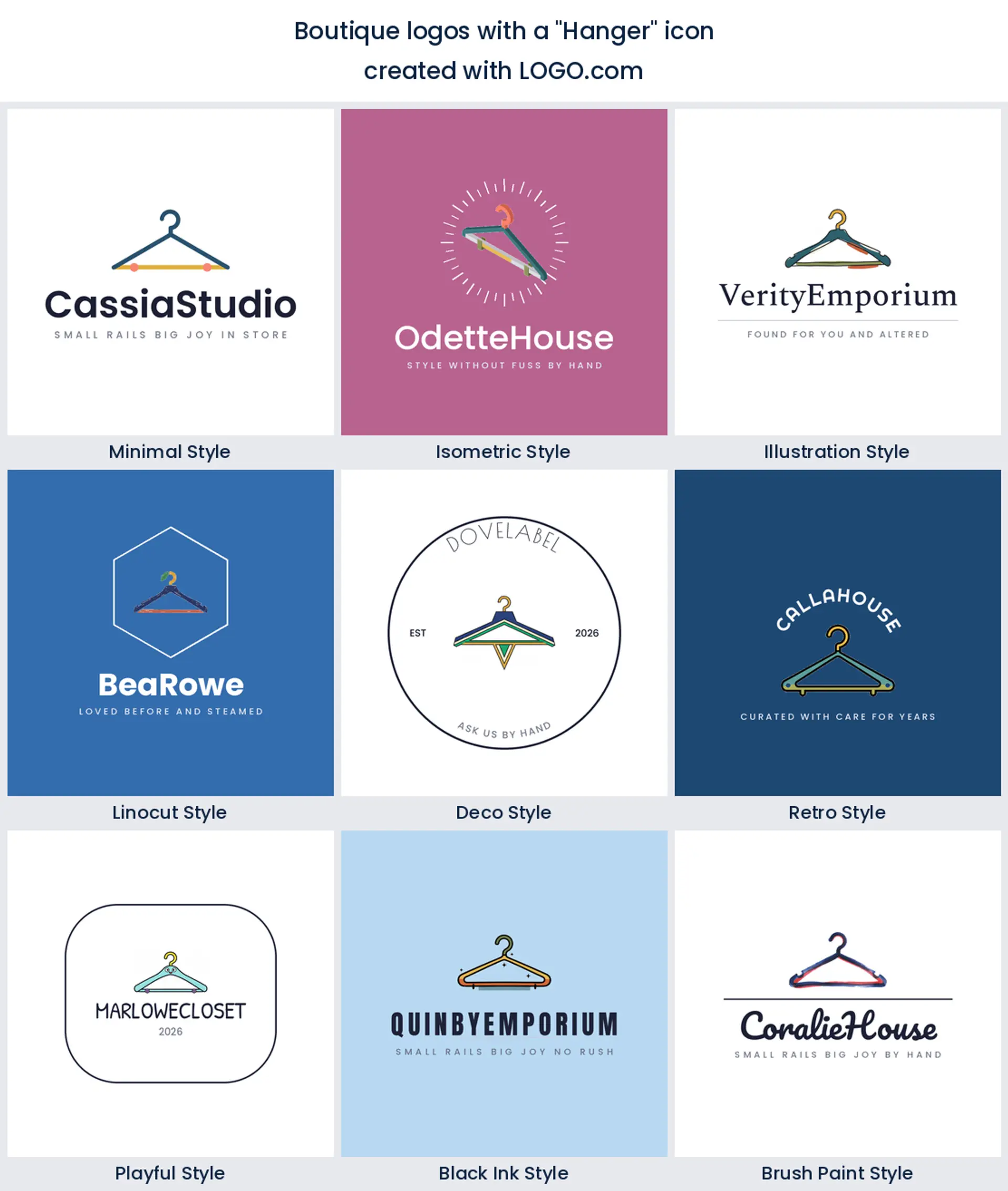 Hanger boutique logo shown in nine LOGO.com styles