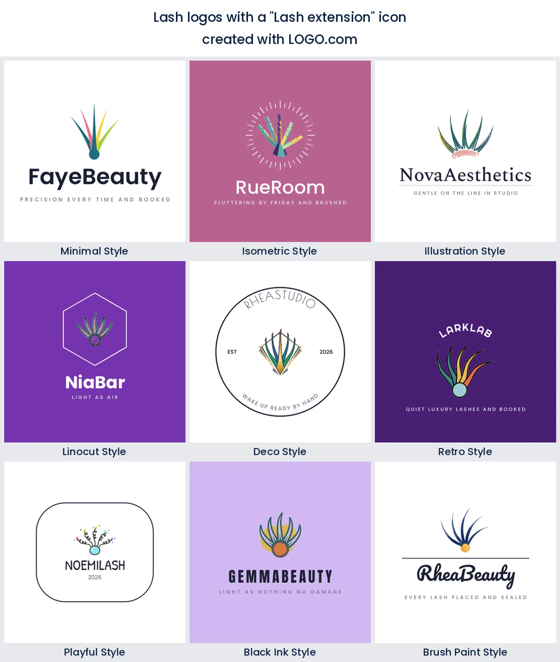 A lash extension icon shown in nine lash logo styles, from minimal to retro.