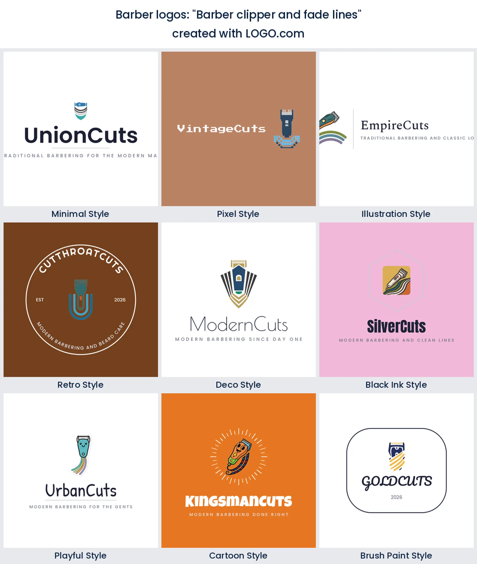 Clipper and fade lines barber logo in nine styles.